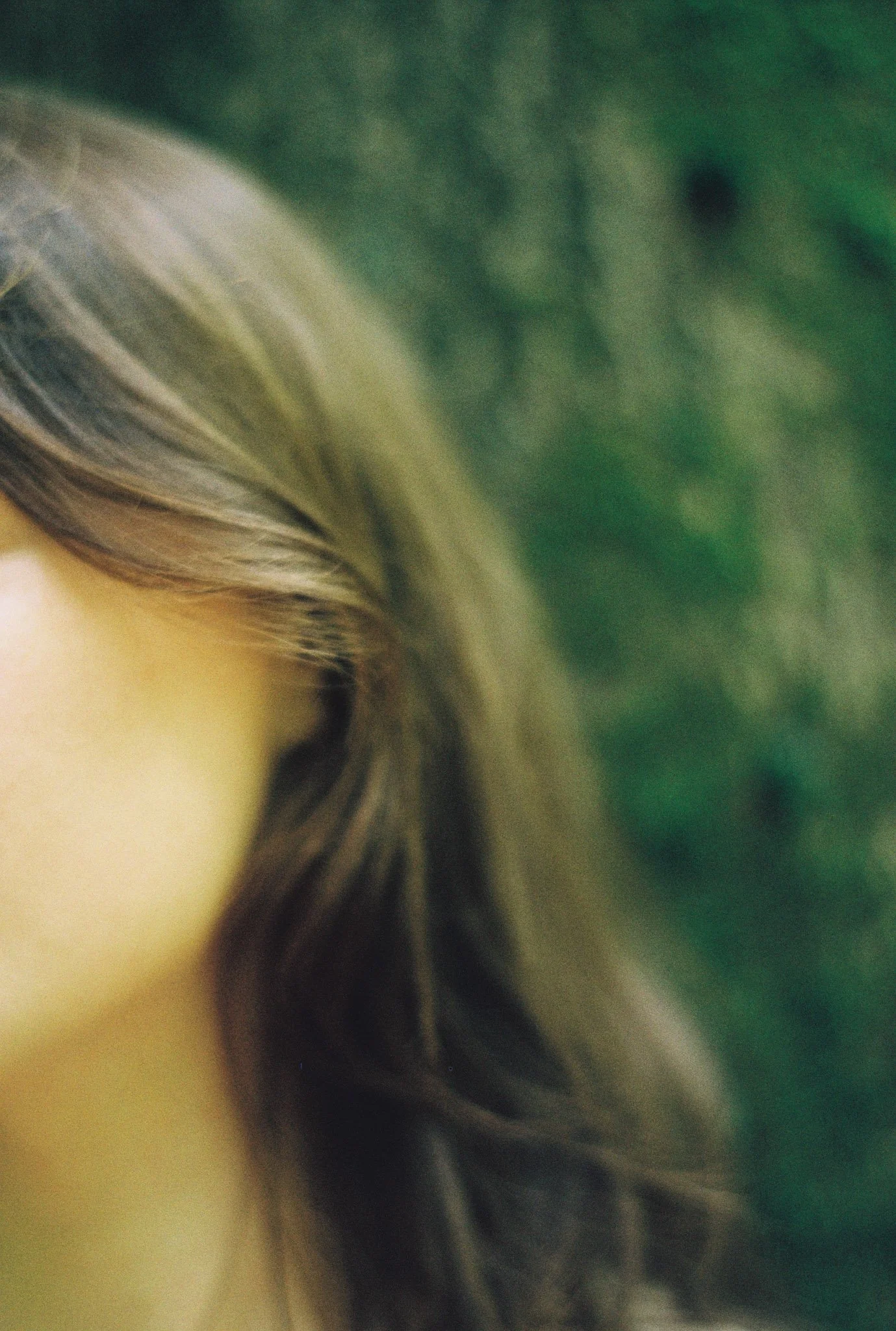 Close-up of a person's hair against a blurred background.