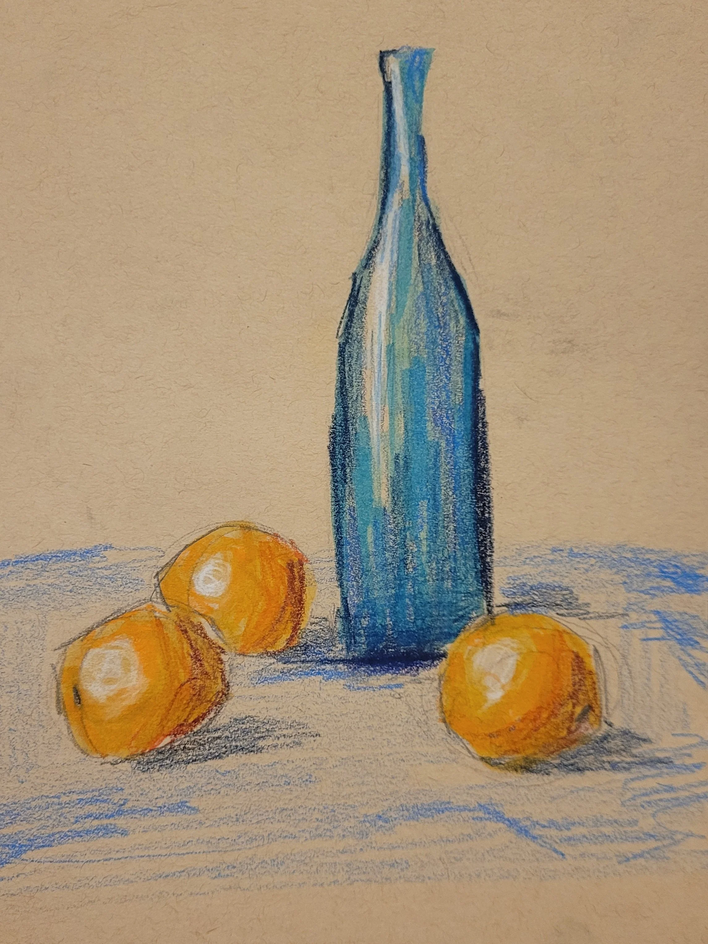 A colorful drawing of a tall blue and white bottle, surrounded by five orange fruits on a light background.