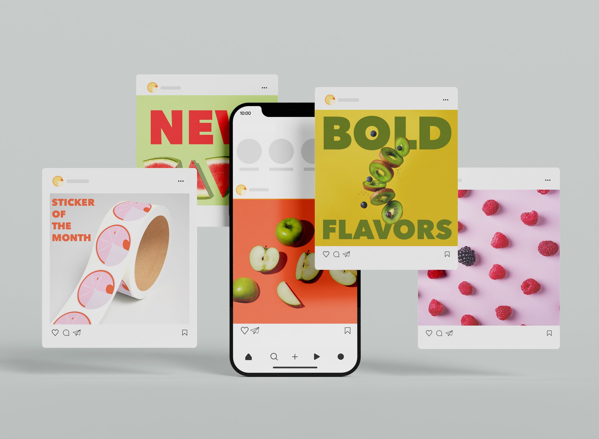 A digital illustration displays several overlapping social media posts with vibrant fruit images and bold text, all centered around colorful fruit themes.