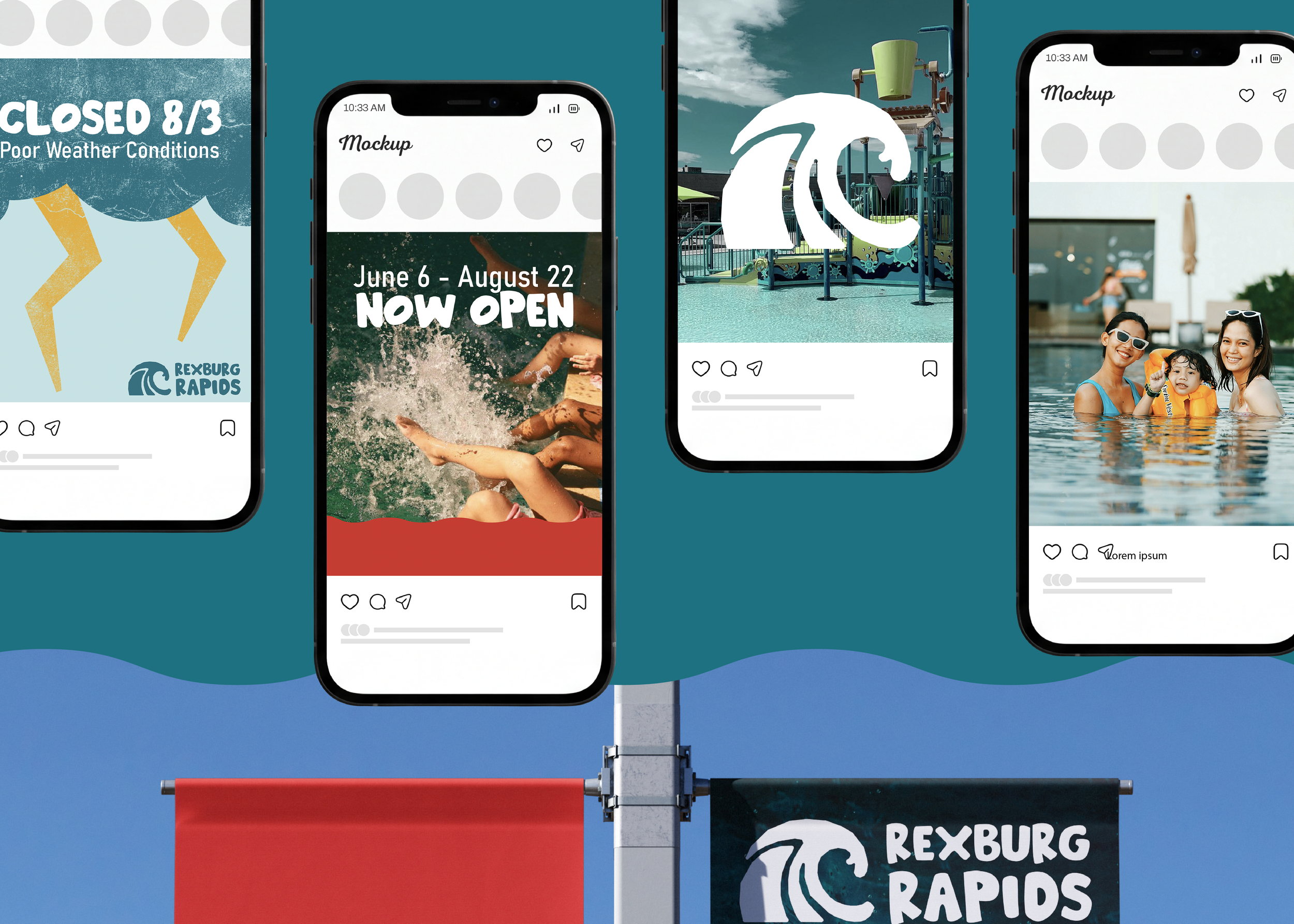 Collage of four smartphone mockup screens and a playground with a large wave-shaped sculpture under a cloudy sky. The screens display various graphics and texts, including notices about weather conditions, park opening, and family photos at the park.
