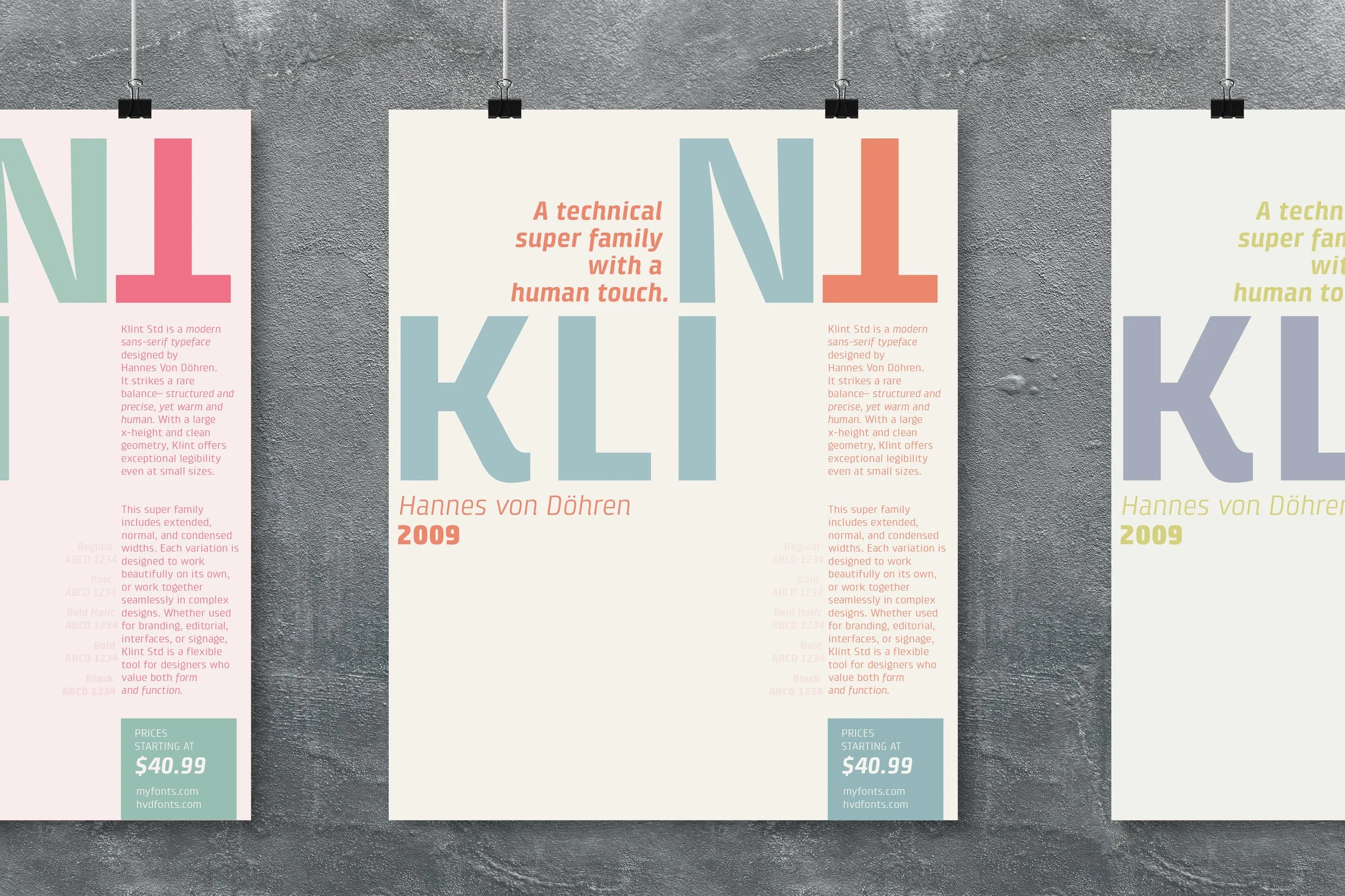 Three posters hanging on a gray textured wall, each featuring description text and large font titles related to typography, with different background colors and layout styles.