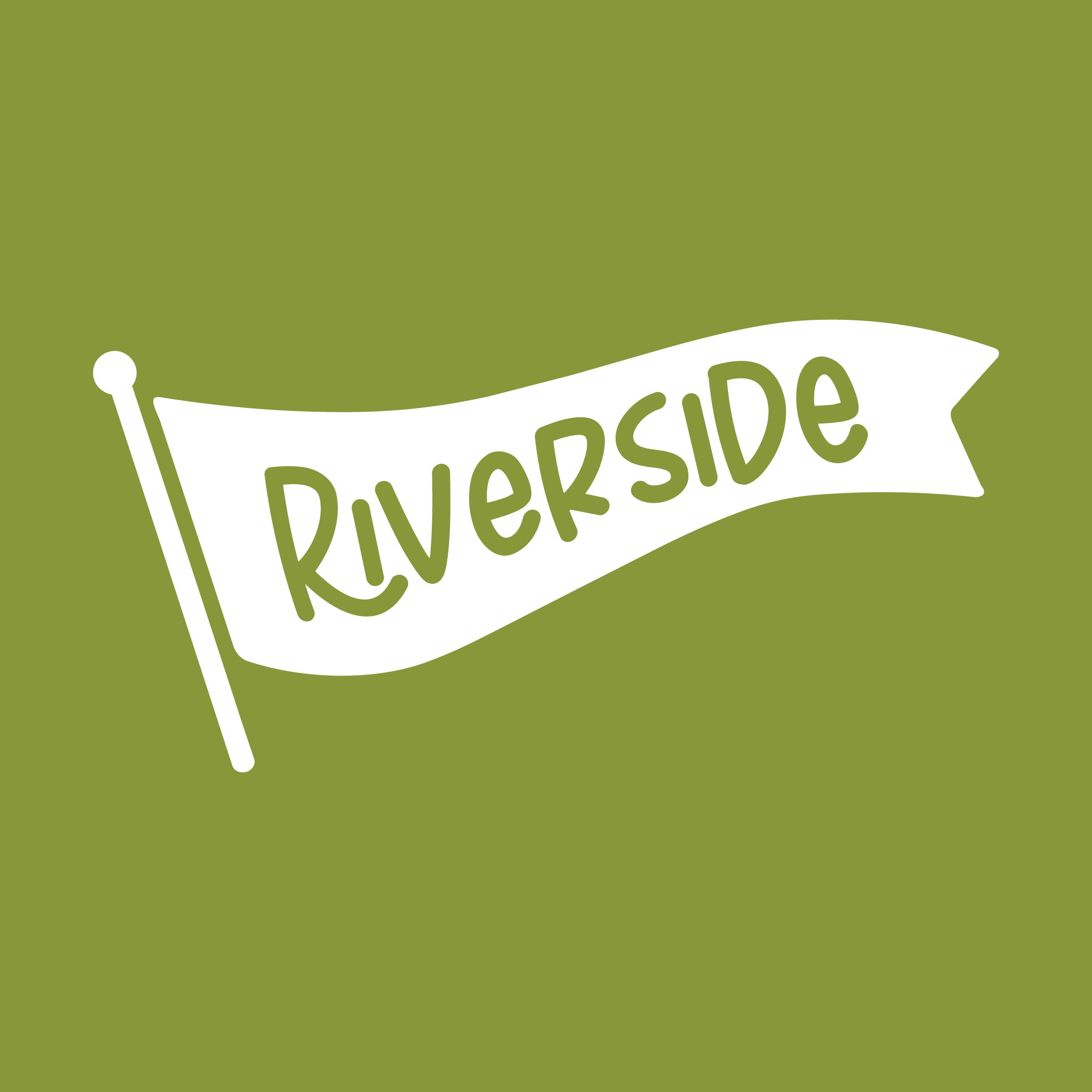 Green background with a white banner that reads 'Riverside' in playful green font.