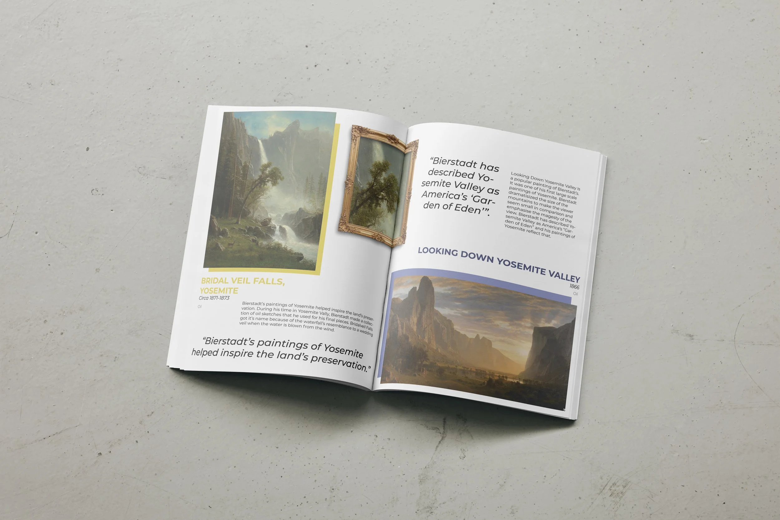 Open magazine on a gray surface displaying landscape paintings of Yosemite, including Bridal Veil Falls and Yosemite Valley, with descriptive text about Bierstadt's paintings.