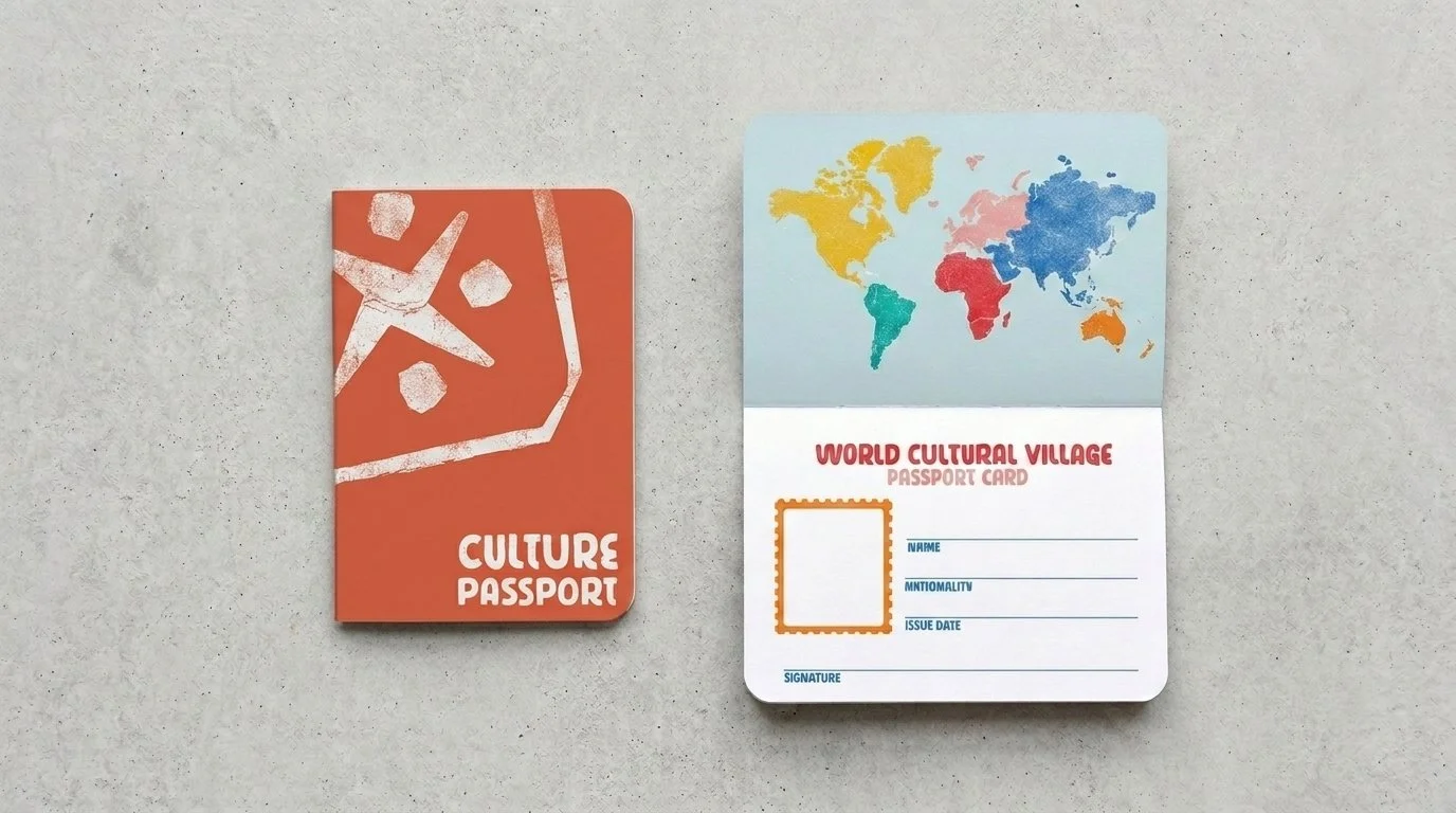 A small orange passport with a white stylized map on the cover and the words 'Culture Passport', and an open card with a world map on top, titled 'World Cultural Village Passport Card', with sections for name, nationality, issue date, and signature.