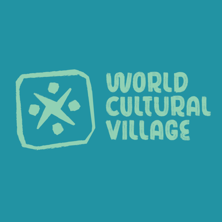 Logo of World Cultural Village with stylized icon and text on teal background.