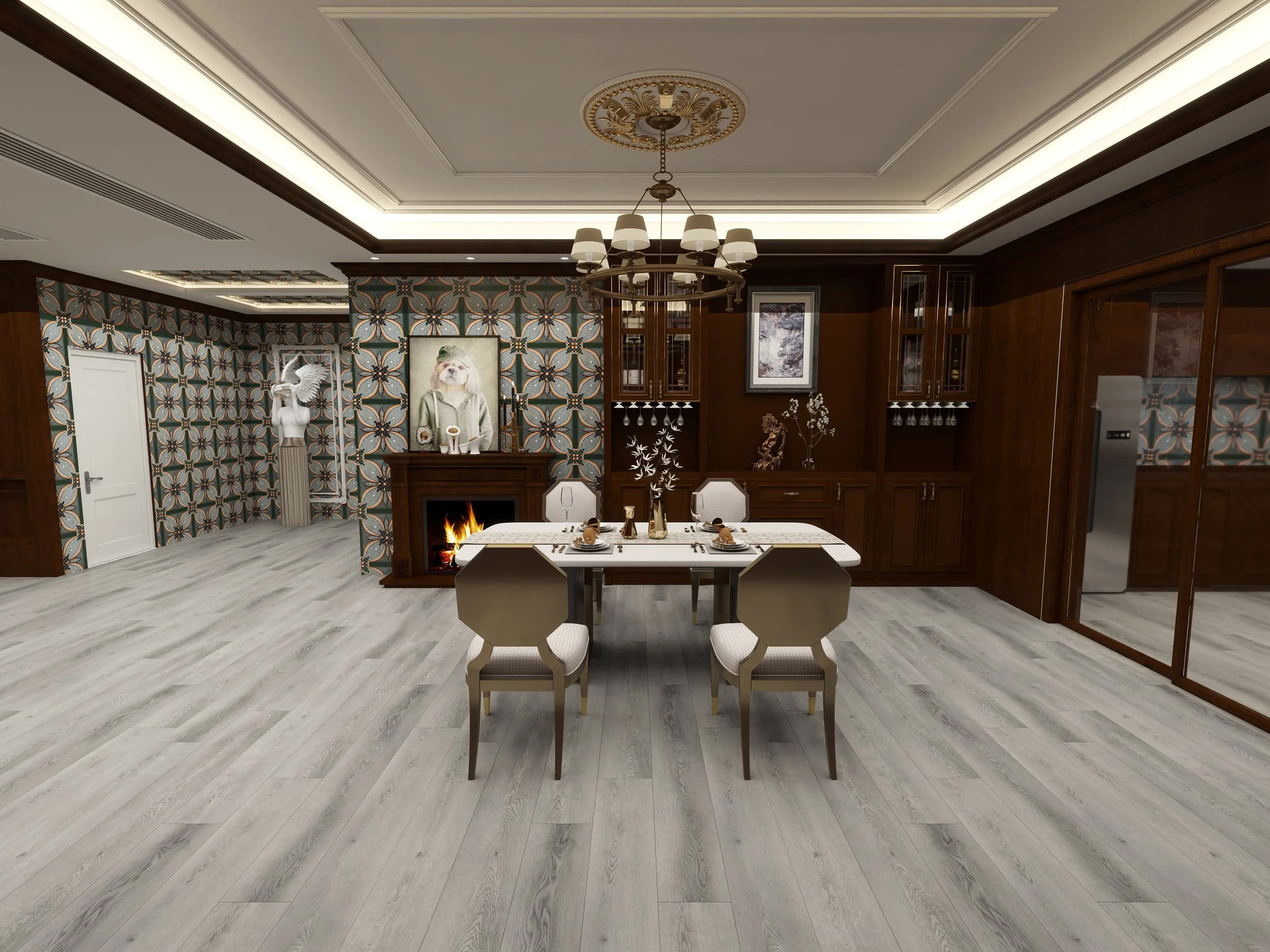 Elegant dining room with light wood flooring, dark wood wall cabinetry, a chandelier, a framed artwork, and a decorated table set for a meal.