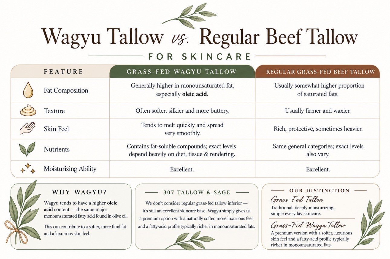 Comparison chart between Wagyu Tallow and Regular Beef Tallow for skincare, highlighting fat composition, texture, skin feel, nutrients, and moisturizing ability with decorative green leaves.