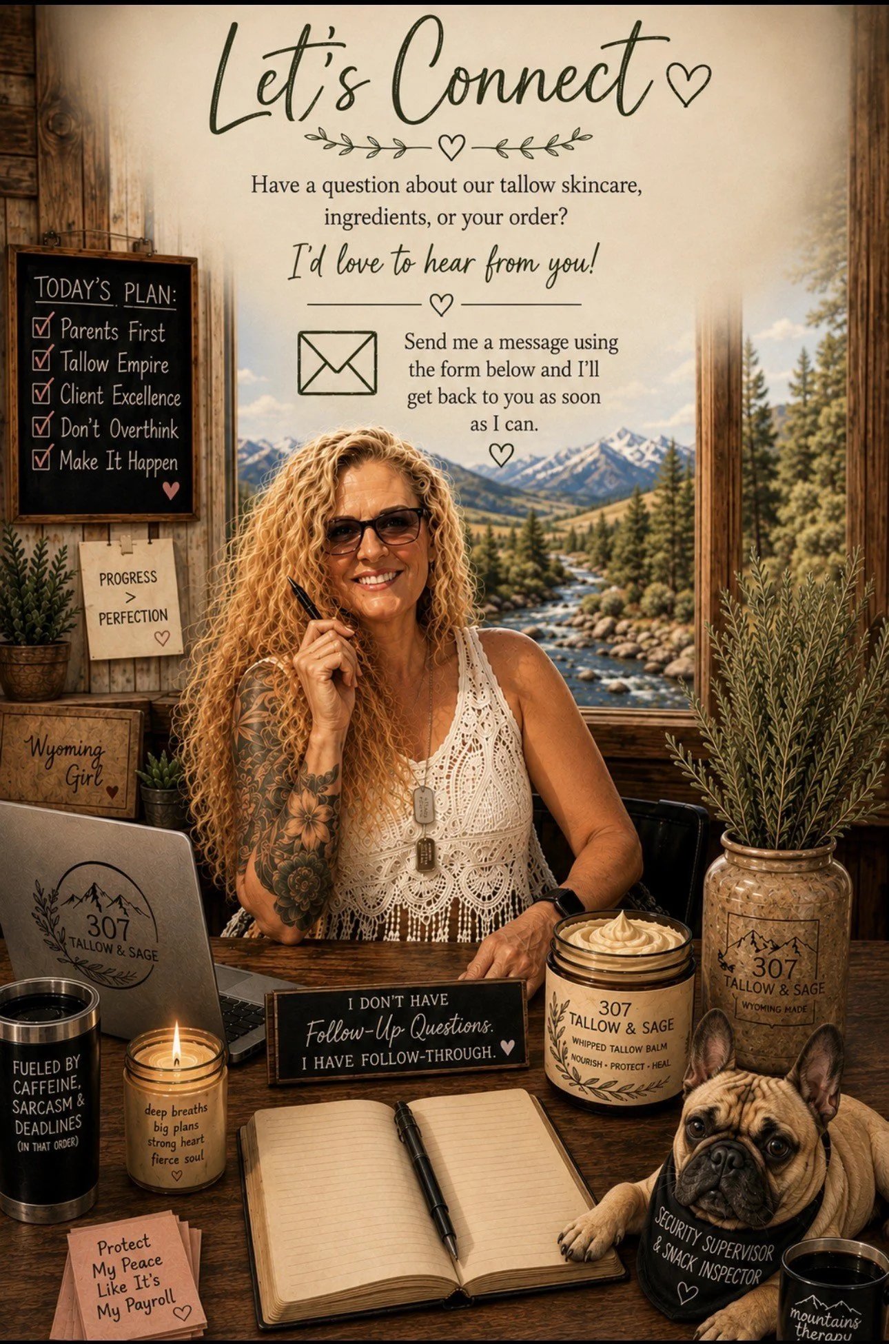 A woman with curly blonde hair and tattoos, wearing sunglasses, sitting at a desk with skincare and motivational items, smiling and holding a pen. The background features a nature scene with mountains and trees, and various signs and products promoting wellness and positivity.