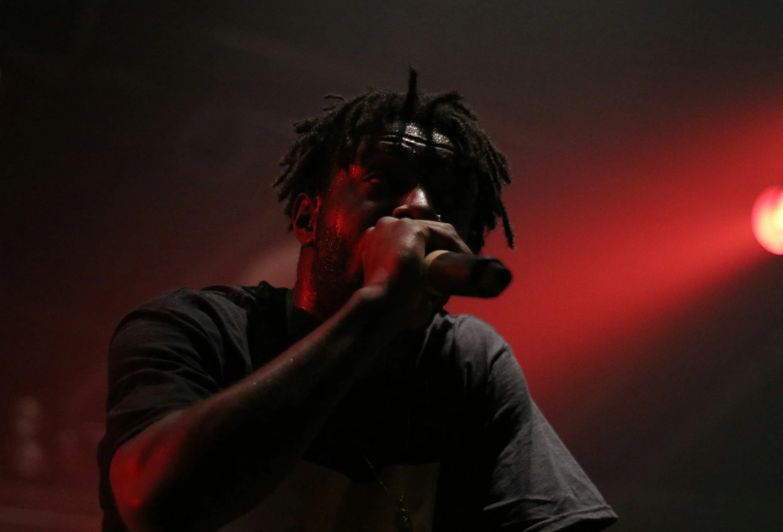 Person with dreadlocks singing into a microphone under red lighting, with a dark background.