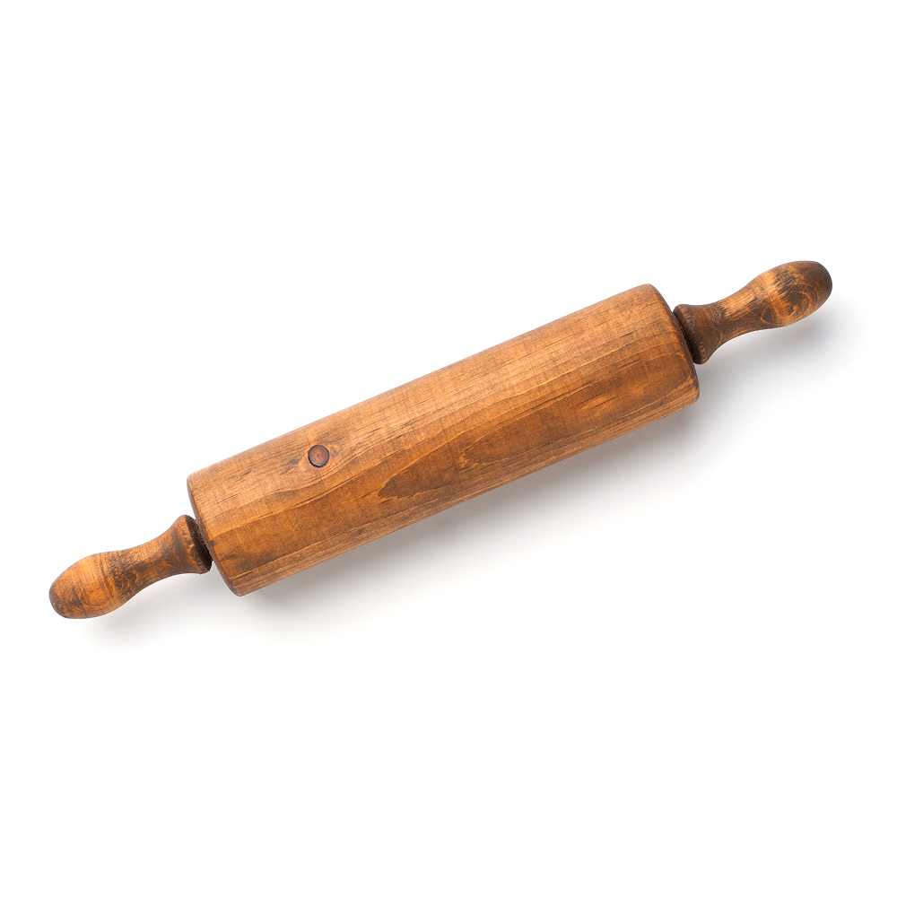 Wooden rolling pin with handles on a white background.