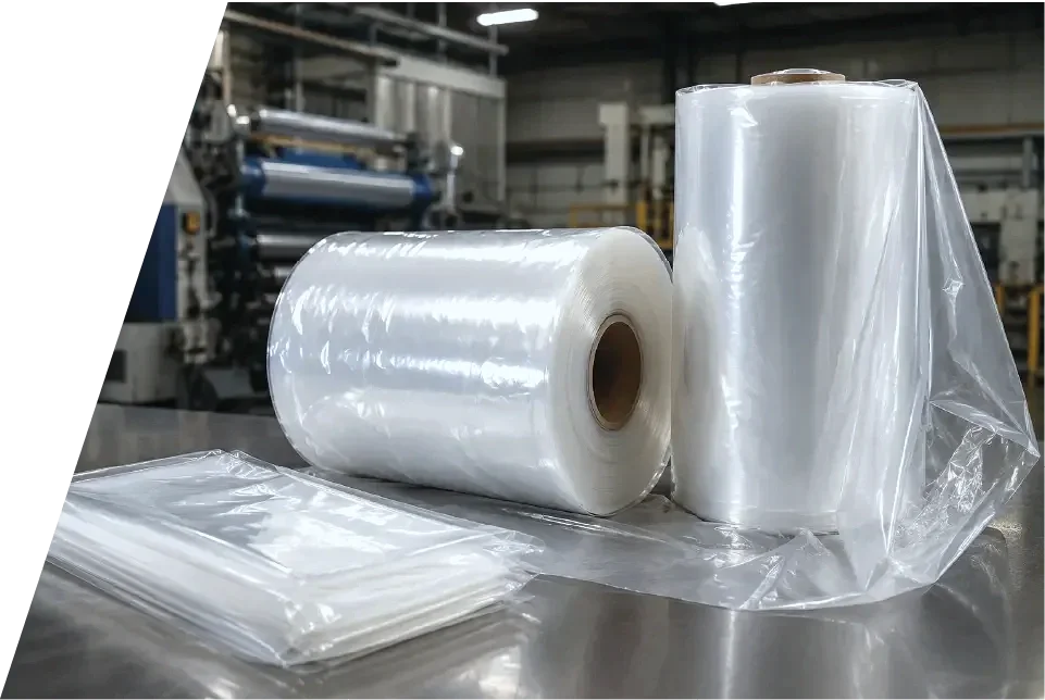 Rollos de plástico transparente en un entorno industrial.