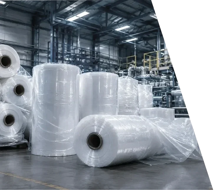 Rollos de plástico envueltos en plástico transparente en una fábrica industrial.