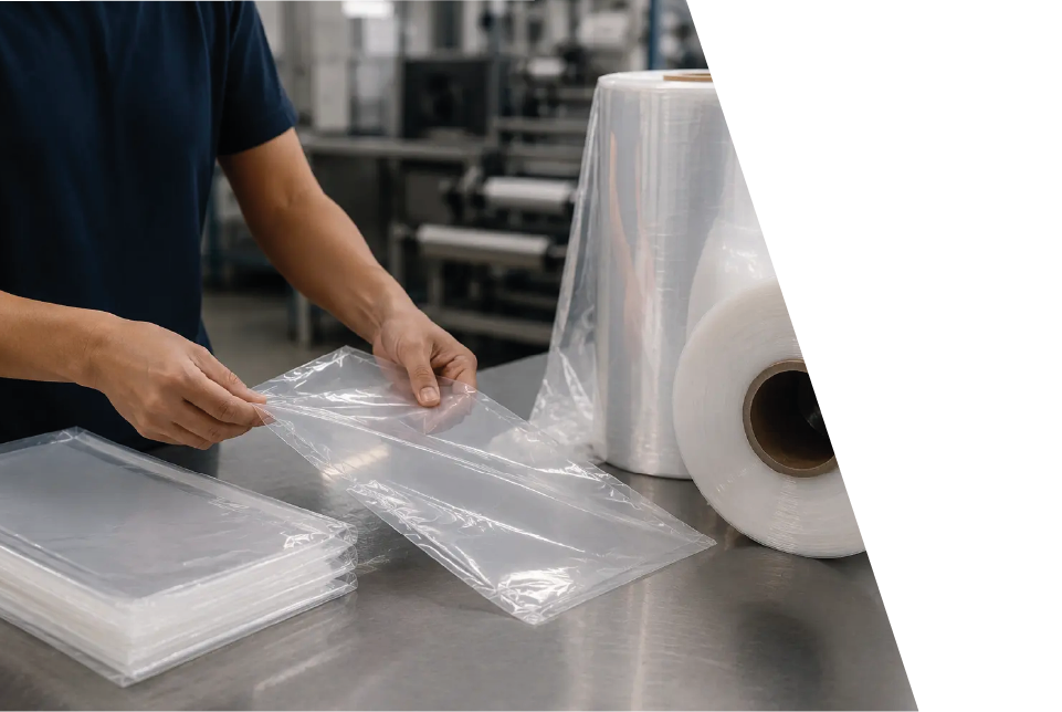 Persona trabajando con film plástico transparente en una mesa industrial.