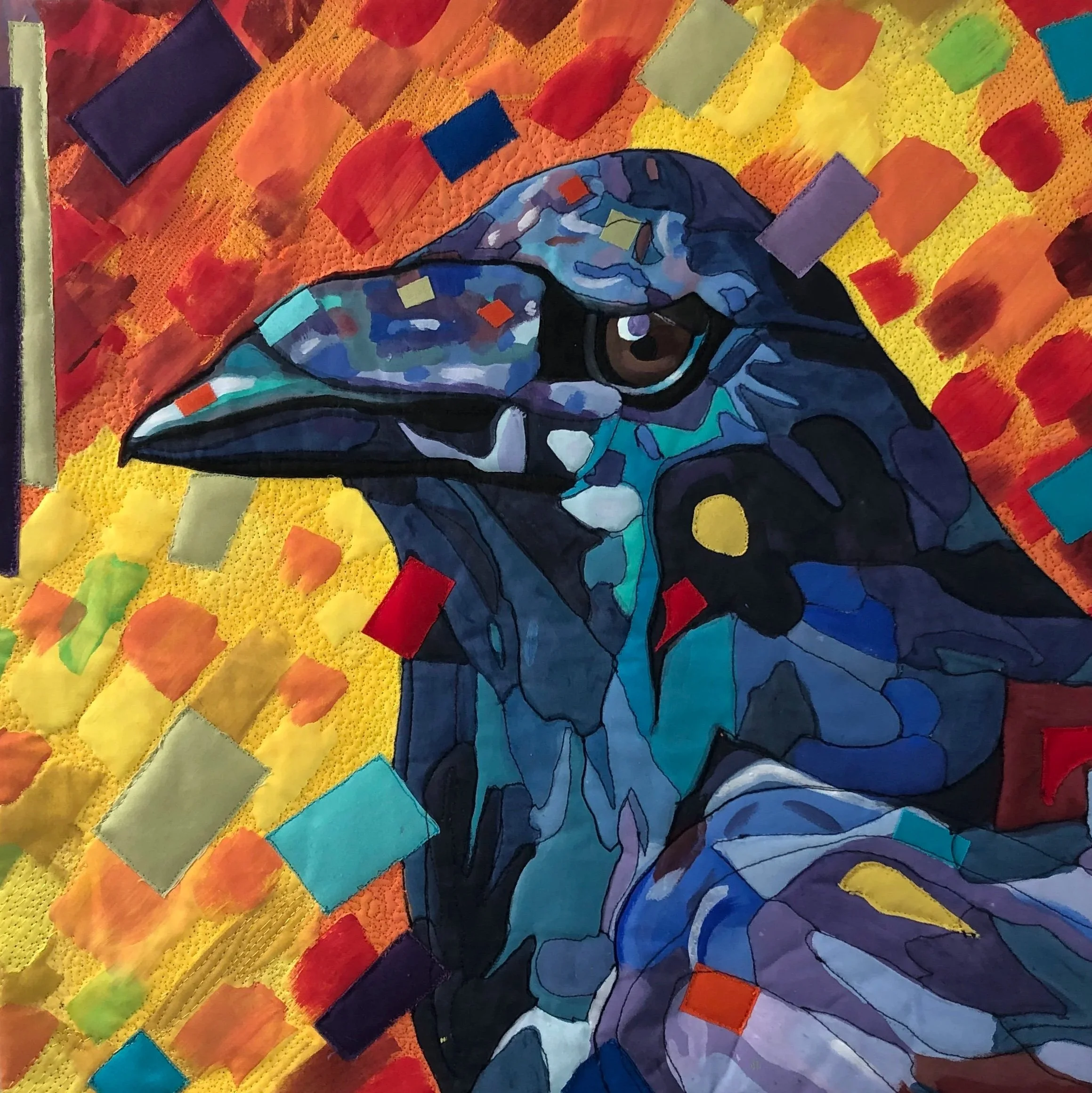 Colorful abstract artwork featuring a large black-outlined in the center, with various shades of blue, purple, and gray. The background consists of vibrant red, yellow, orange, green, and blue geometric shapes and brushstrokes, creating a dynamic mos