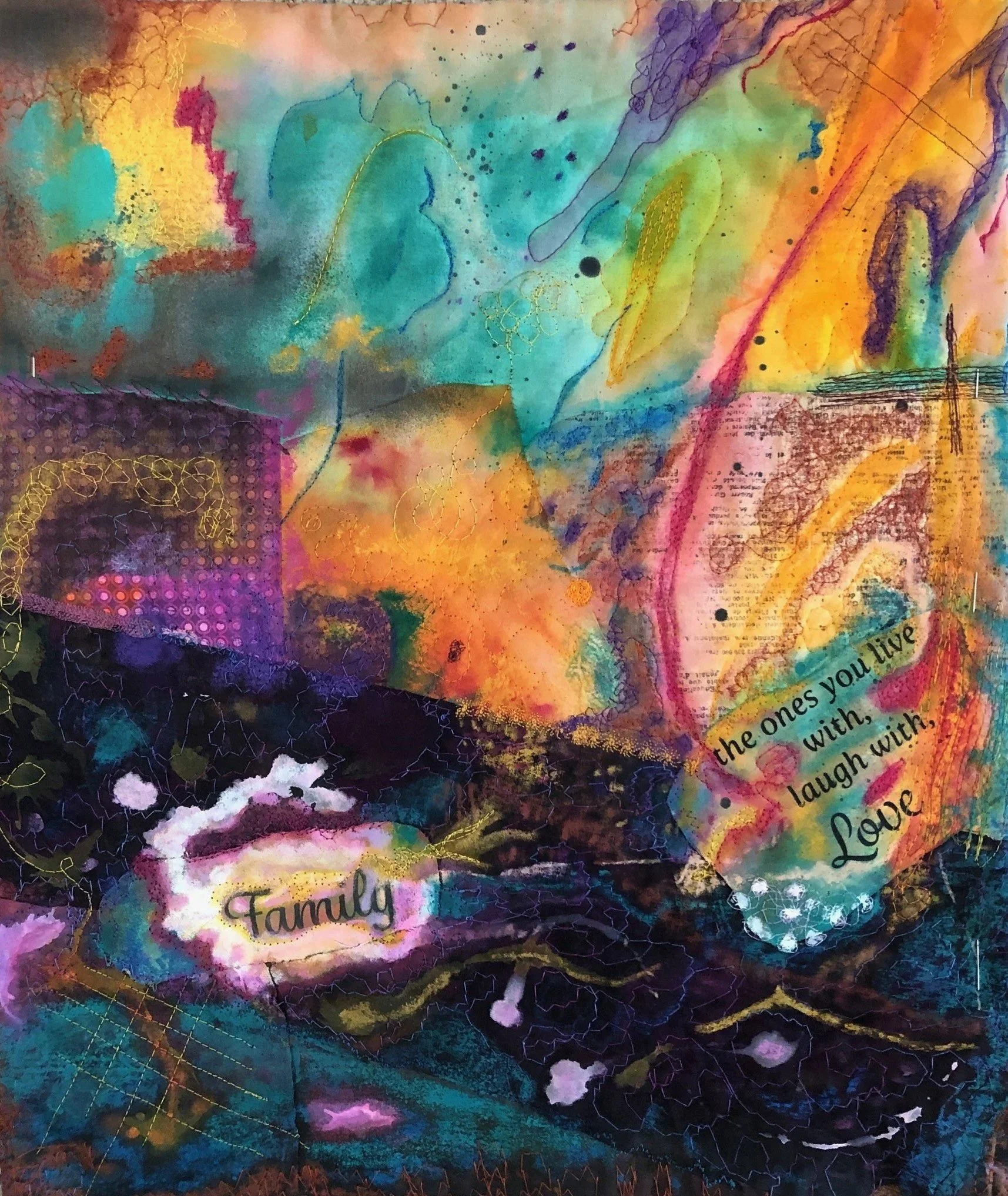 A vibrant abstract painting with multicolored shapes, lines, and textures. Includes words 'Family' and 'Love' and part of a quote on the right side.