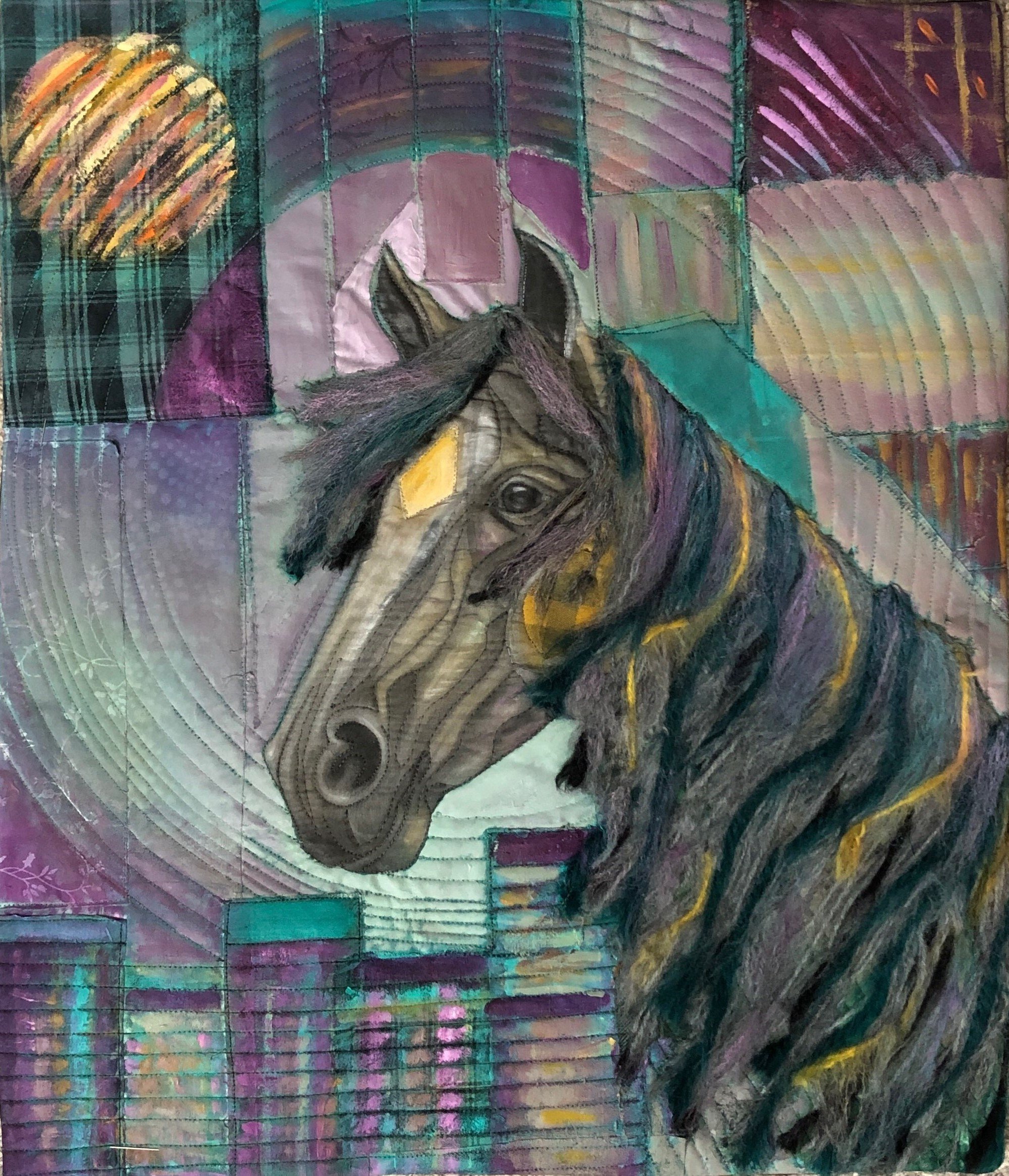 A colorful abstract mixed media artwork featuring a horse's head with couched mane and a background of geometric patterns and various vibrant colors.
