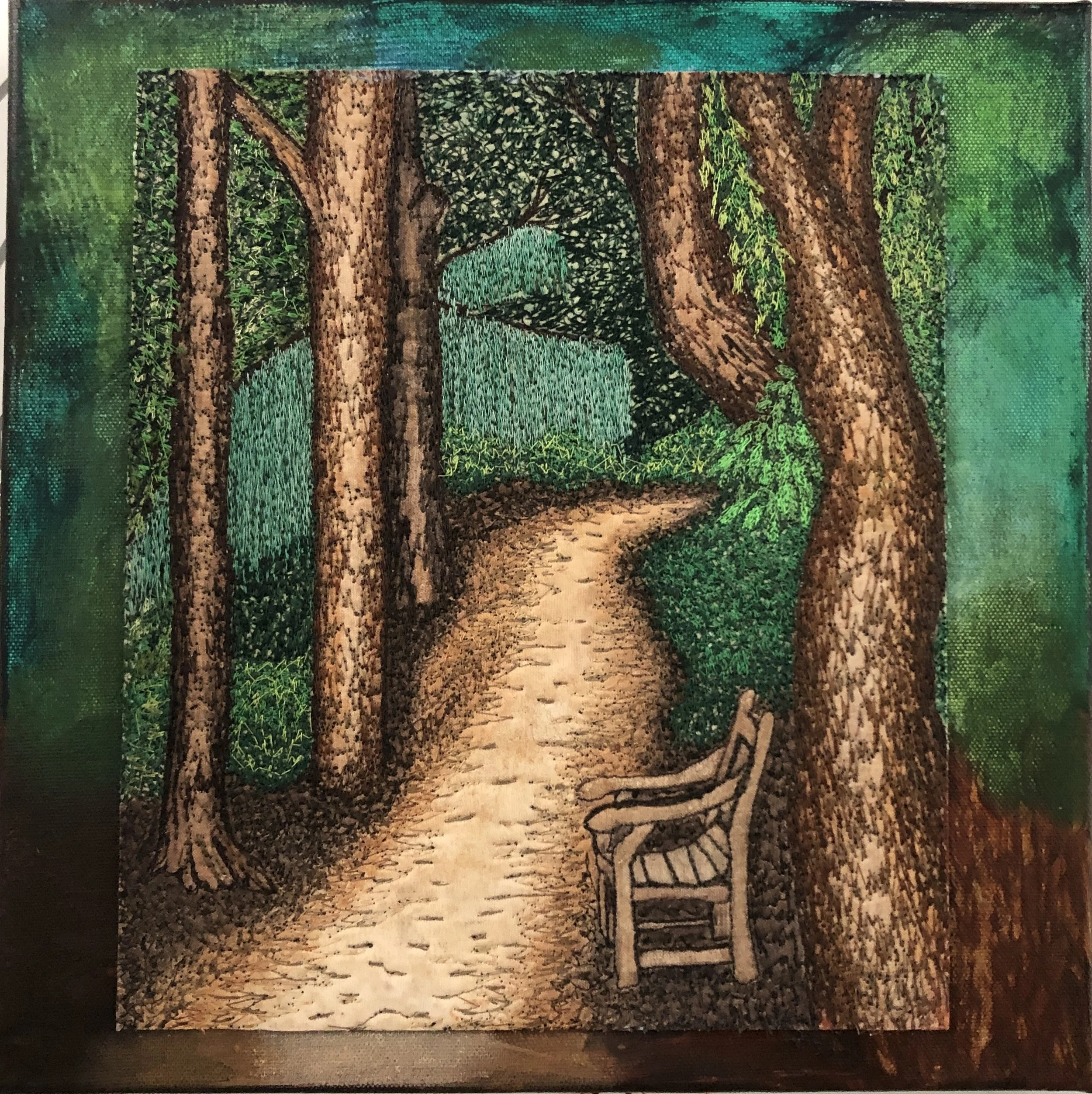 A textured thread painting of a park scene featuring large trees, lush greenery, and a pathway with a bench in the background.