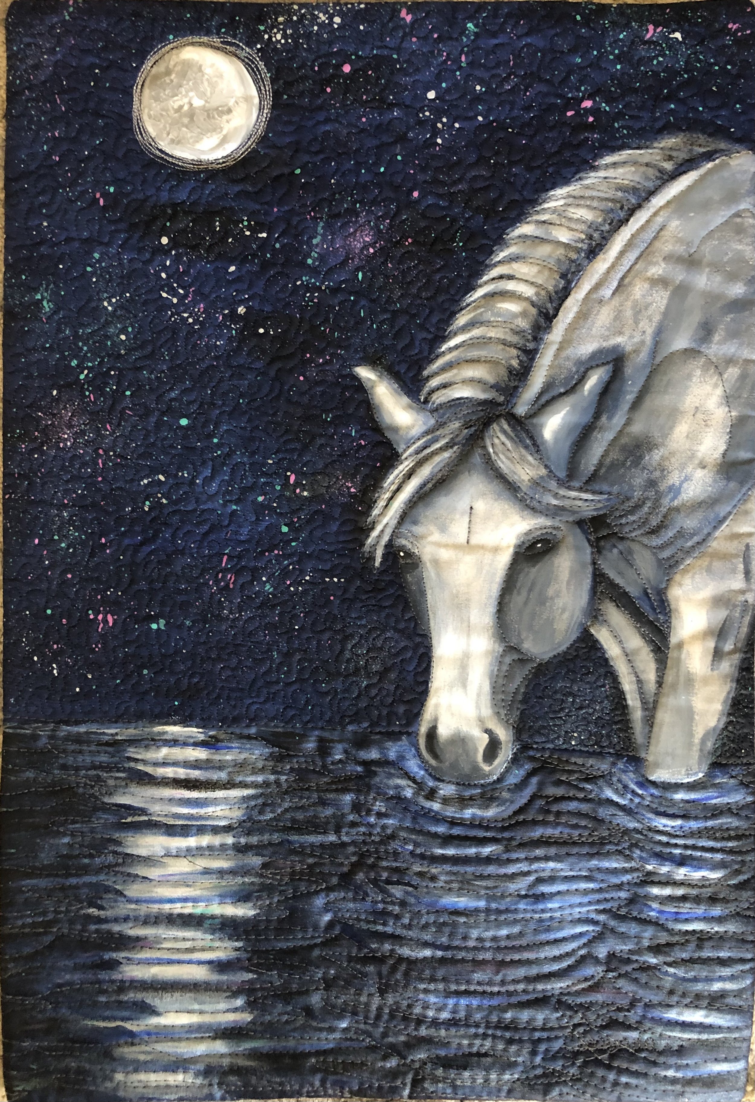 A painting of a white horse standing in a body of water under a starry night sky with a full moon.