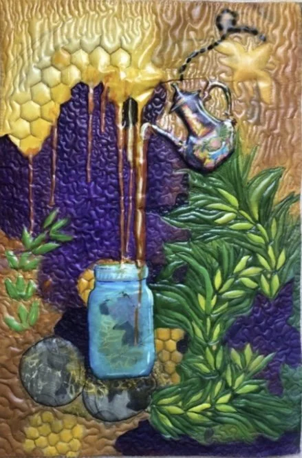 Colorful textured art depicting a jar with honey and bees flying near a beehive, surrounded by green plants.