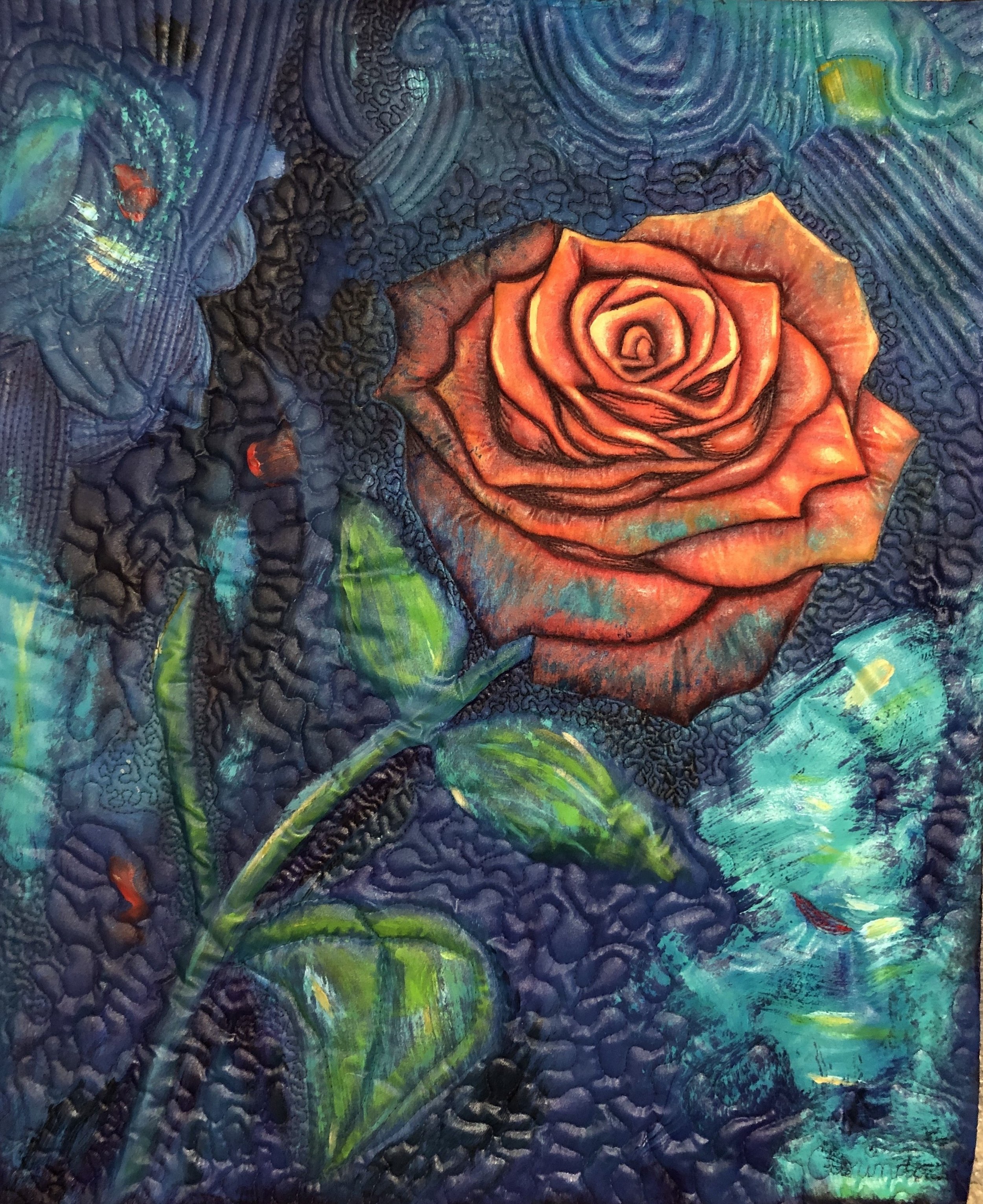 An abstract painting featuring a vibrant orange and yellow rose at the center, set against a textured background of swirling blue, green, and black patterns.