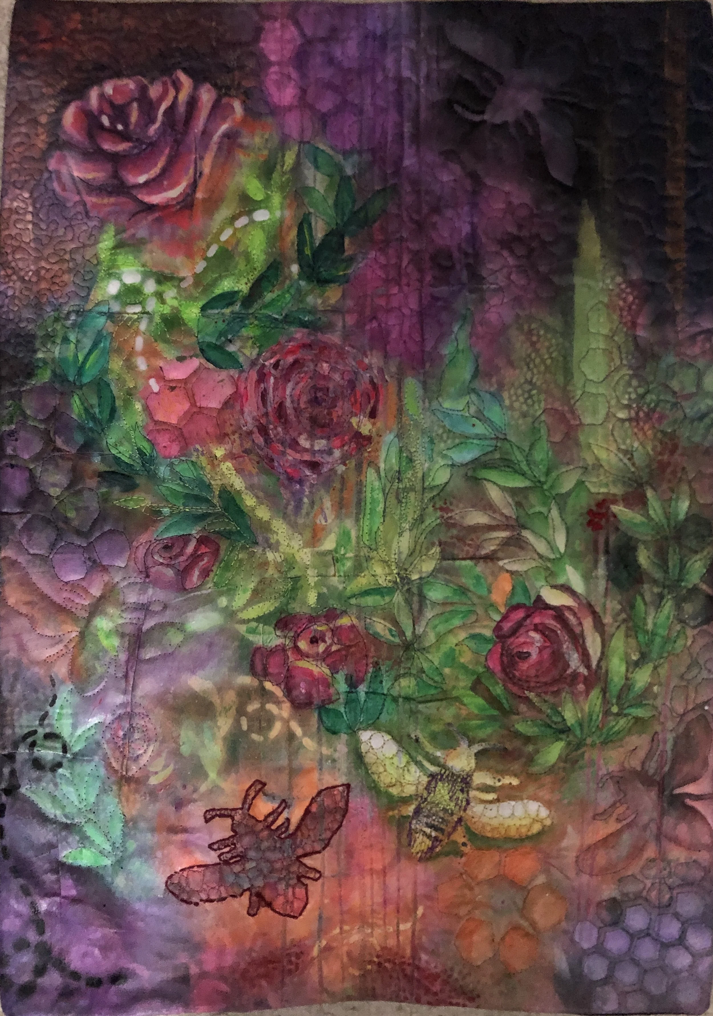 Colorful abstract painting with flowers, leaves, bees, butterfly, and honeycomb patterns, featuring vibrant shades of pink, purple, green, and orange.