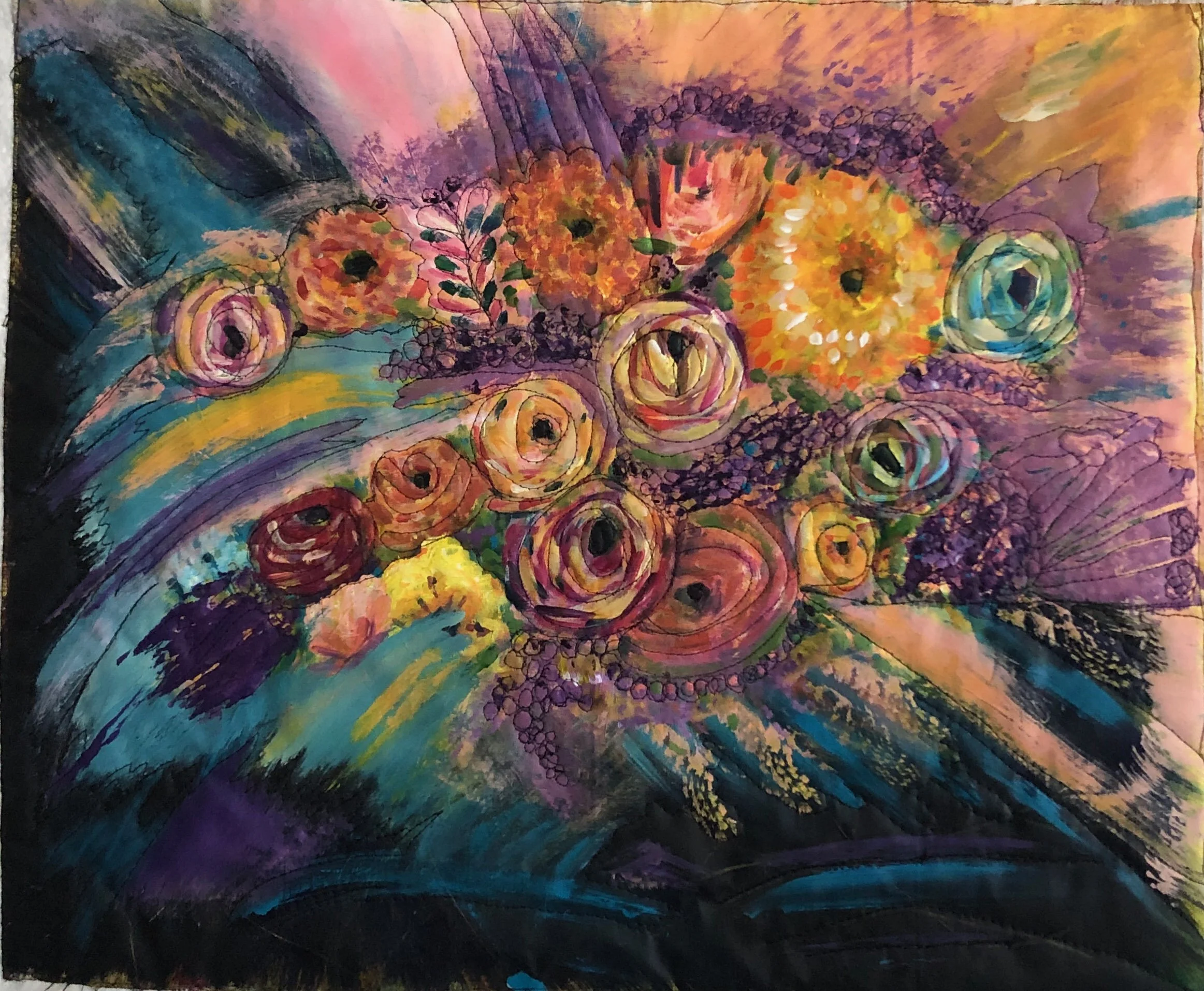An abstract painting with vibrant swirling colors including purple, blue, yellow, orange, and green. The composition features a mix of circular and linear patterns, with some areas resembling floral shapes and others resembling cosmic or galactic sce