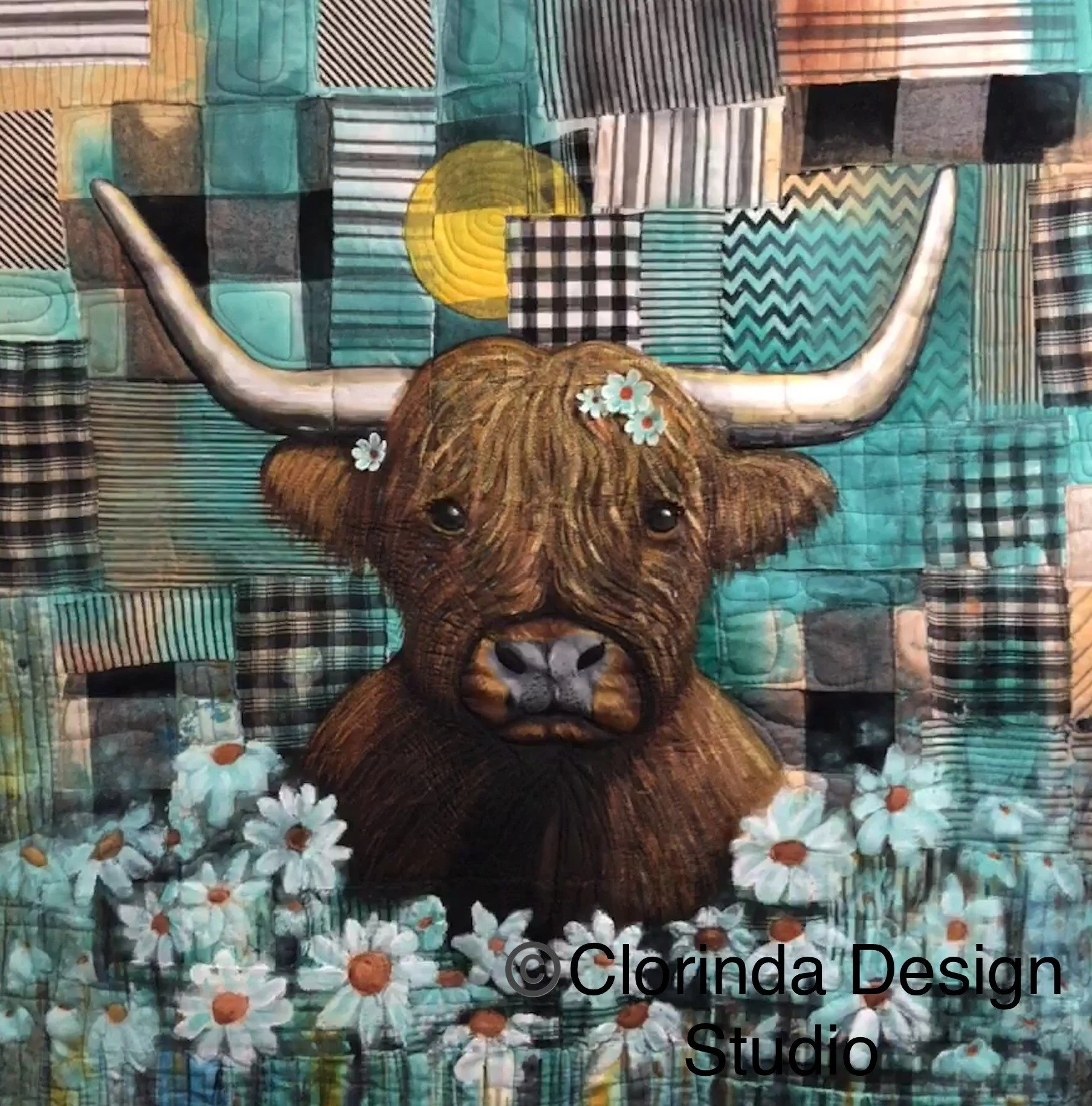 RESILIENCE: HIDDEN POWER — Premier Award-Winning Work. A gentle Highland cow rests among daisies against a richly patterned plaid background, reflecting the quiet strength that remains within us. Awards: 2024 Original Sewing & Quilt Expo Quilt Contes