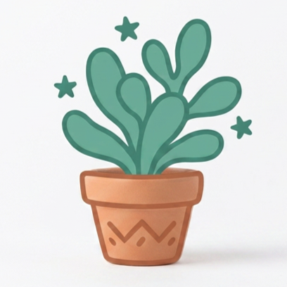 A cartoon illustration of a potted cactus plant with three small stars around it.