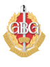 A gold emblem with red and white details, featuring a shield, a crown, a sword and the letters GBG Badge of an accredited member of the International Guild of Battlefield Guides