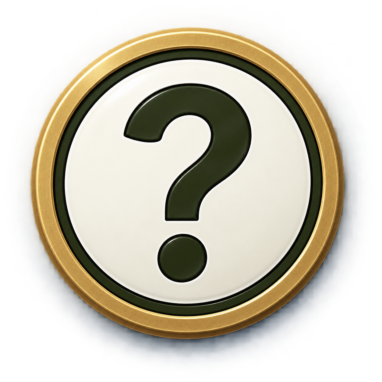 So, What Happened? Icon: A circular object with a gold outer ring, a black border, and a white center containing a black question mark.