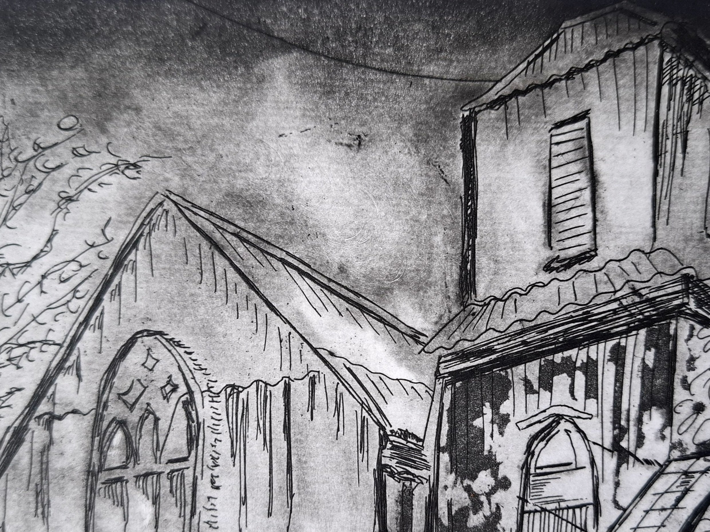 Copper plate etching of the tin tabernacle on Bailbrook Lane, Bath
