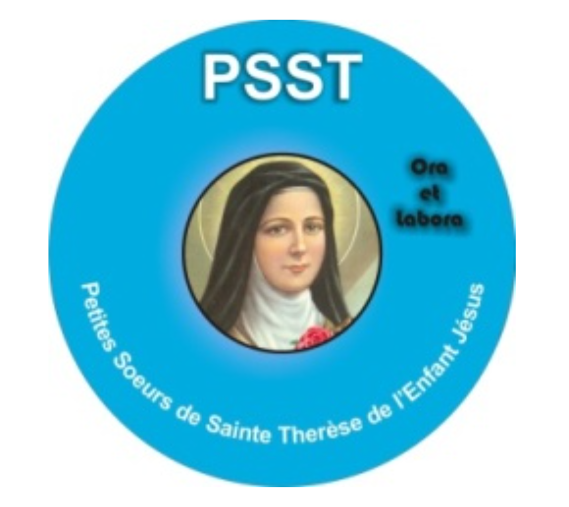 Blue circular badge with an image of Sainte Thérèse de l'Enfant Jésus in the center. Text around the badge reads 'Petits sœurs de Sainte Thérèse de l'Enfant Jésus,' 'Oe et labora,' and 'PSST' at the top.