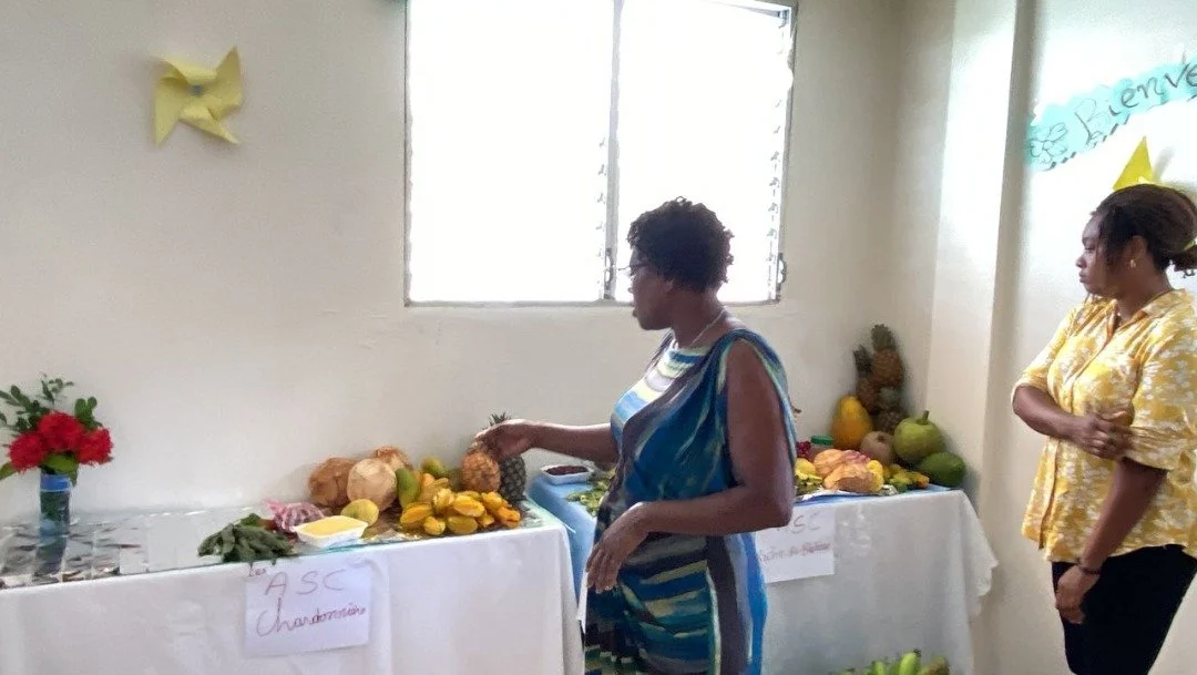 Two women observing a display of various fruits on tables, including pineapples, bananas, and melons, in a room with a window and decorated walls.