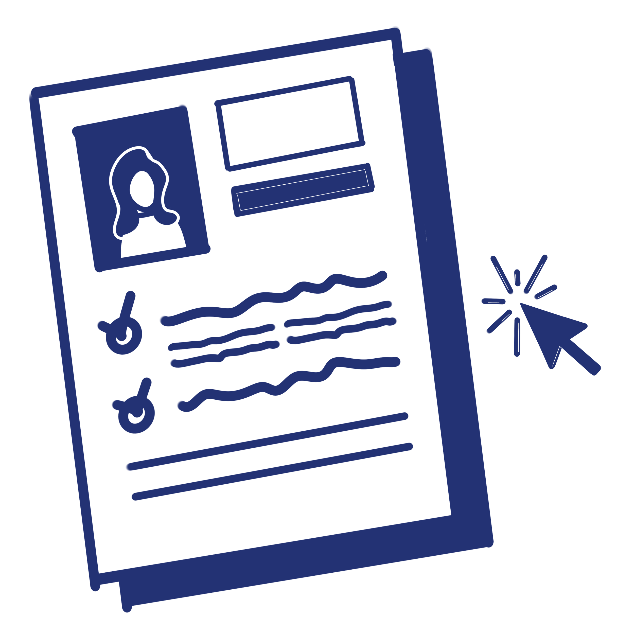 Blue line drawing of a resume with a mouse pointer clicking it.