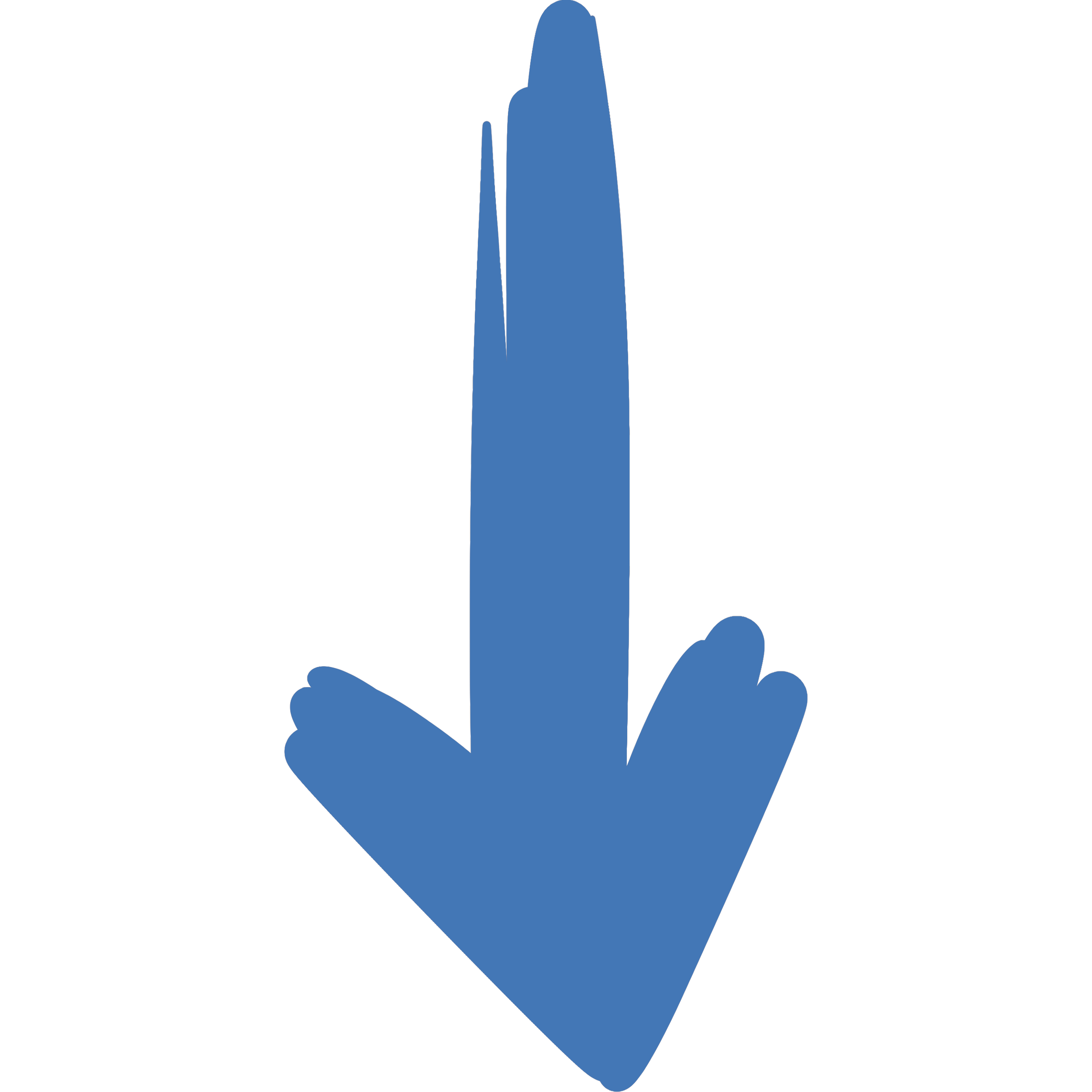 A hand-drawn digital illustration of a blue arrow pointing down.