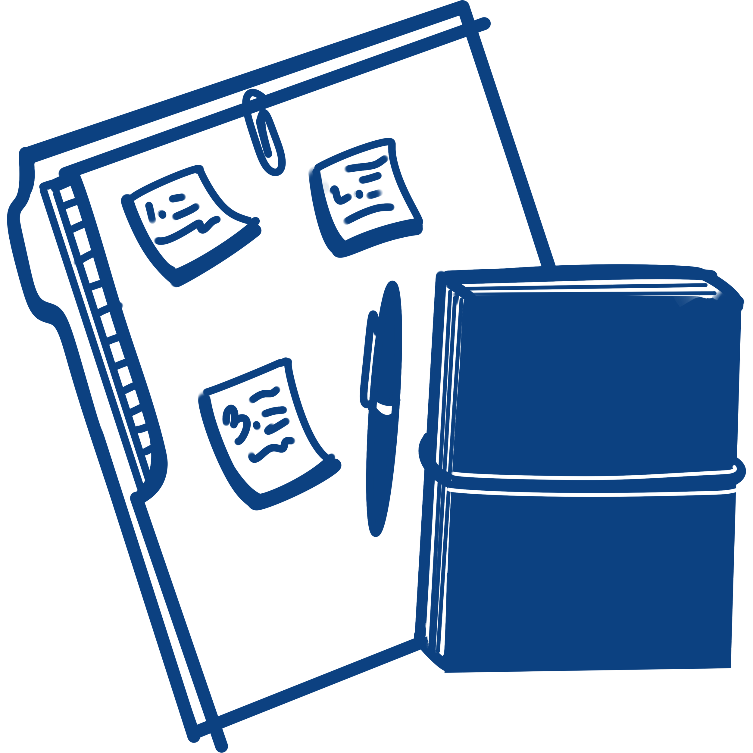 Blue line drawing of a folder with papers and a journal with a pen.