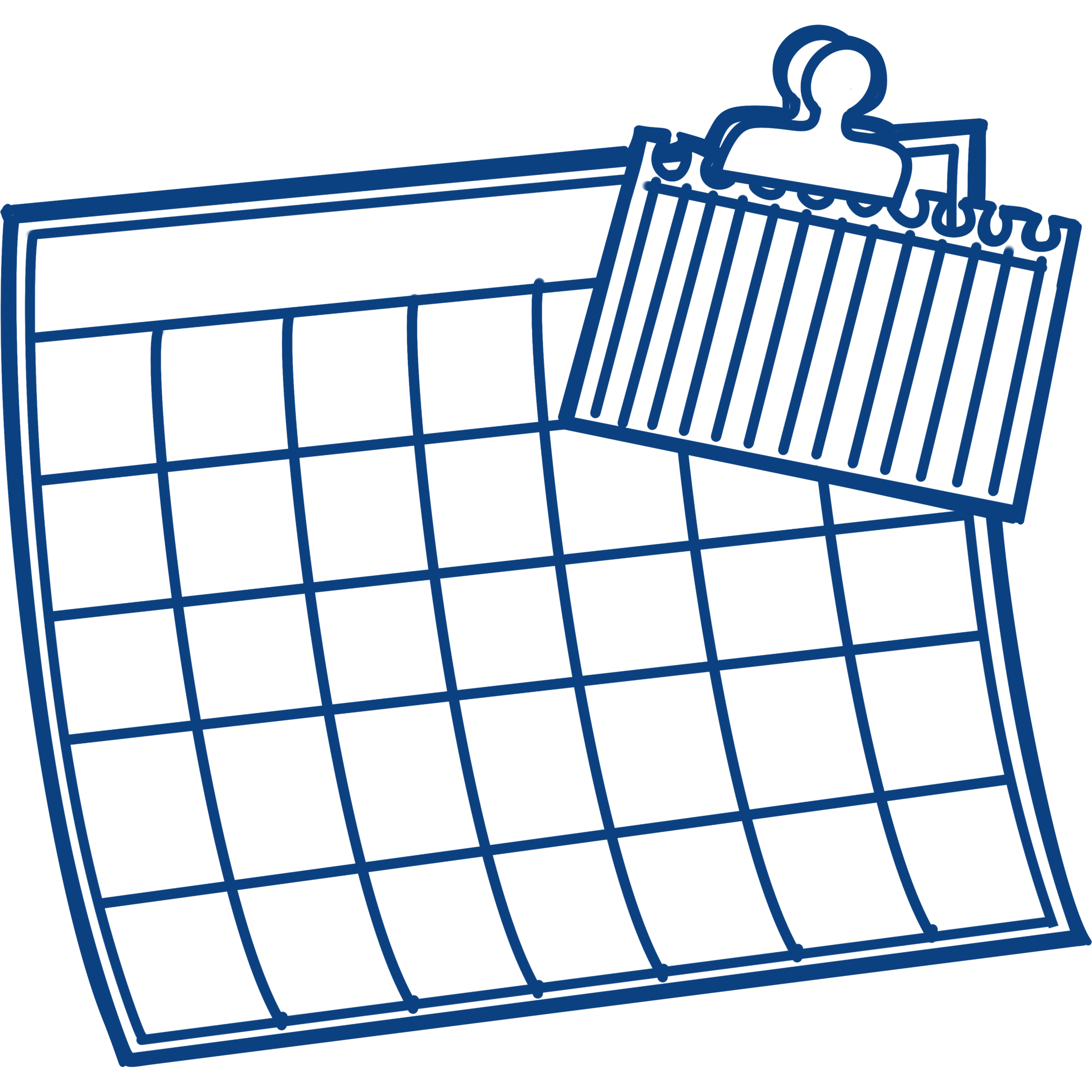 A blue line illustration of a calendar with a torn piece of notebook paper clipped to the top right corner with a binder clip.