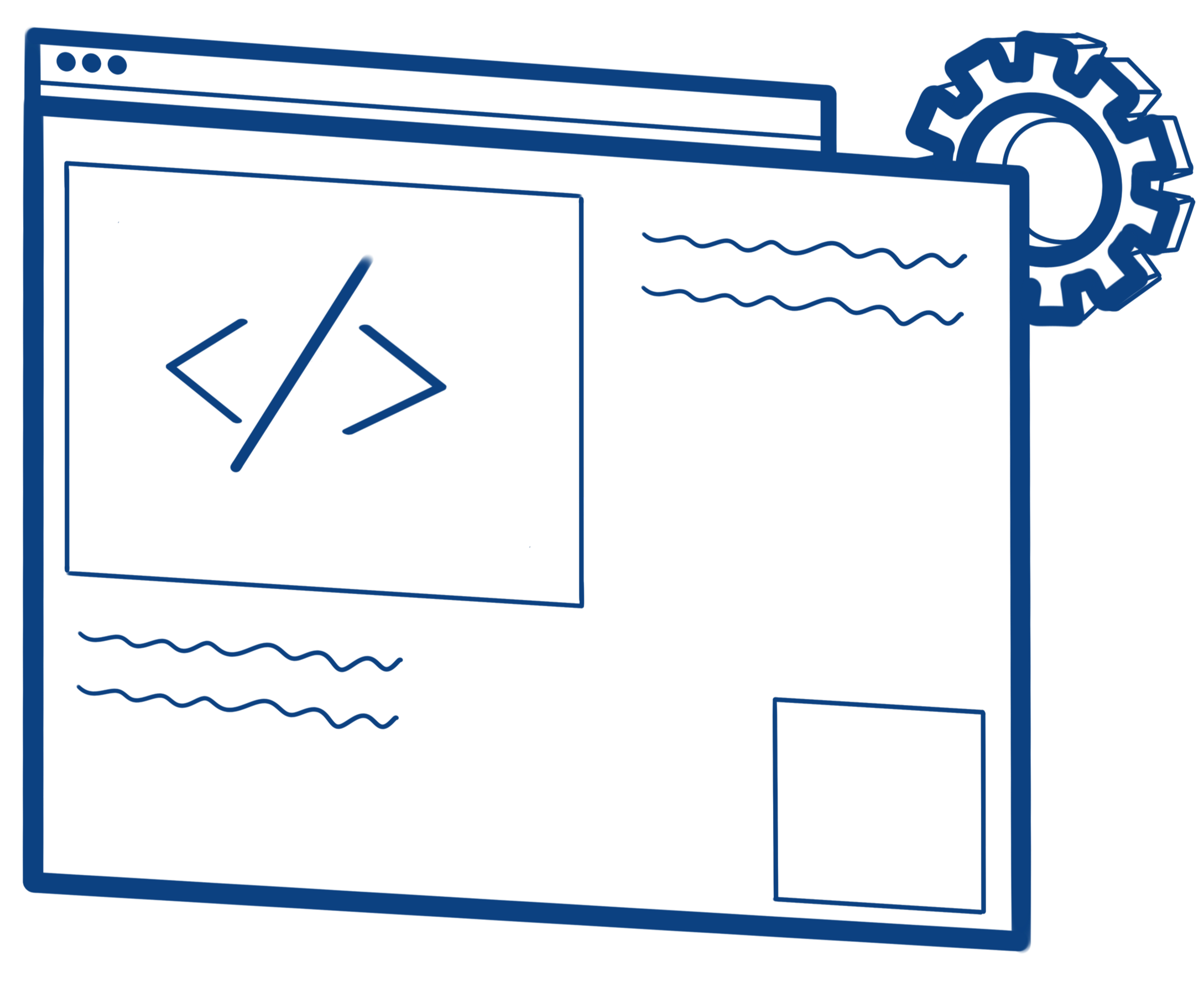 Line art illustration of a computer screen displaying code, with a gear icon on the right side.