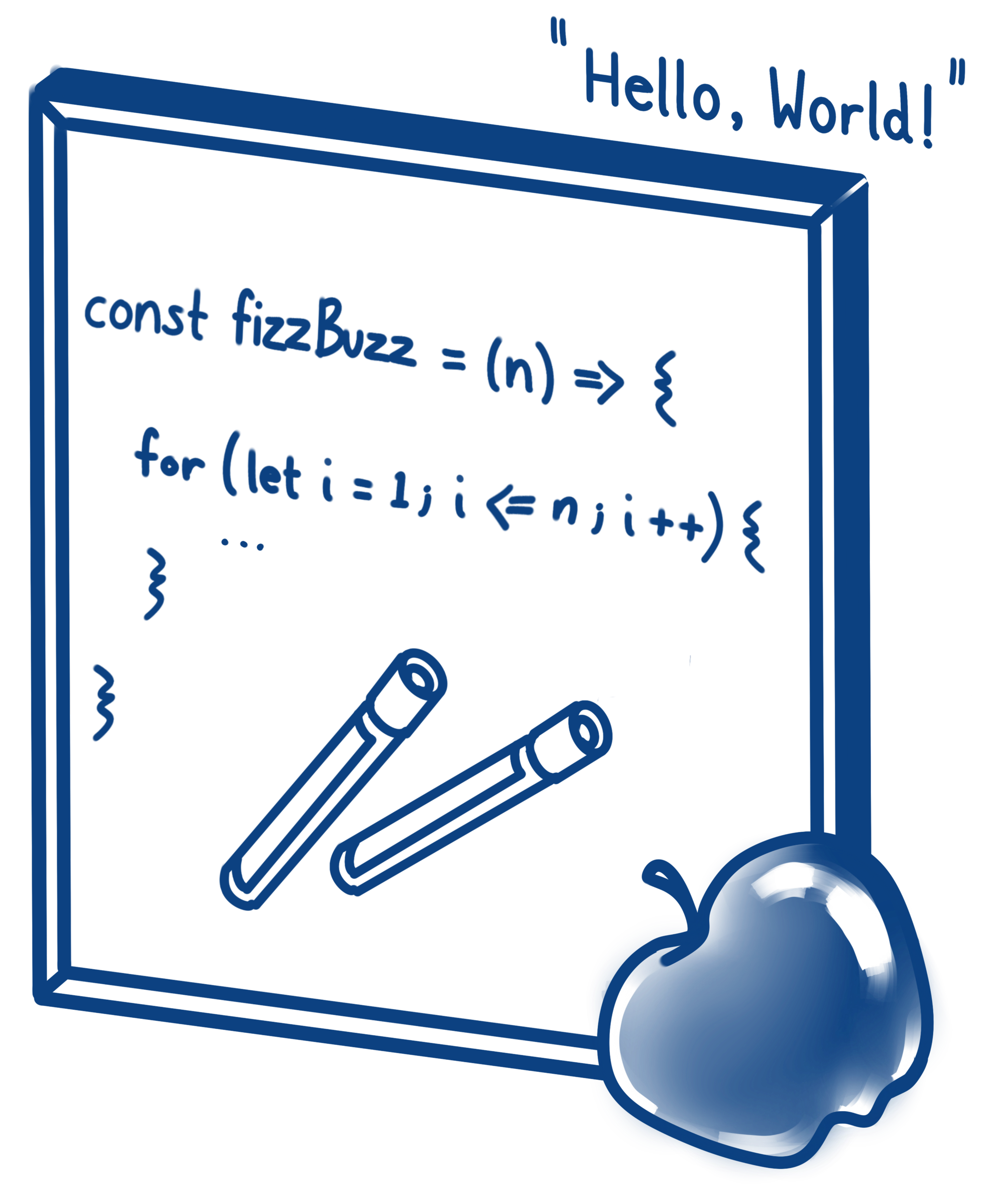 Line drawing of a whiteboard with the words 'Hello, World!' on it. There are illustrated dry erase markers and an apple.