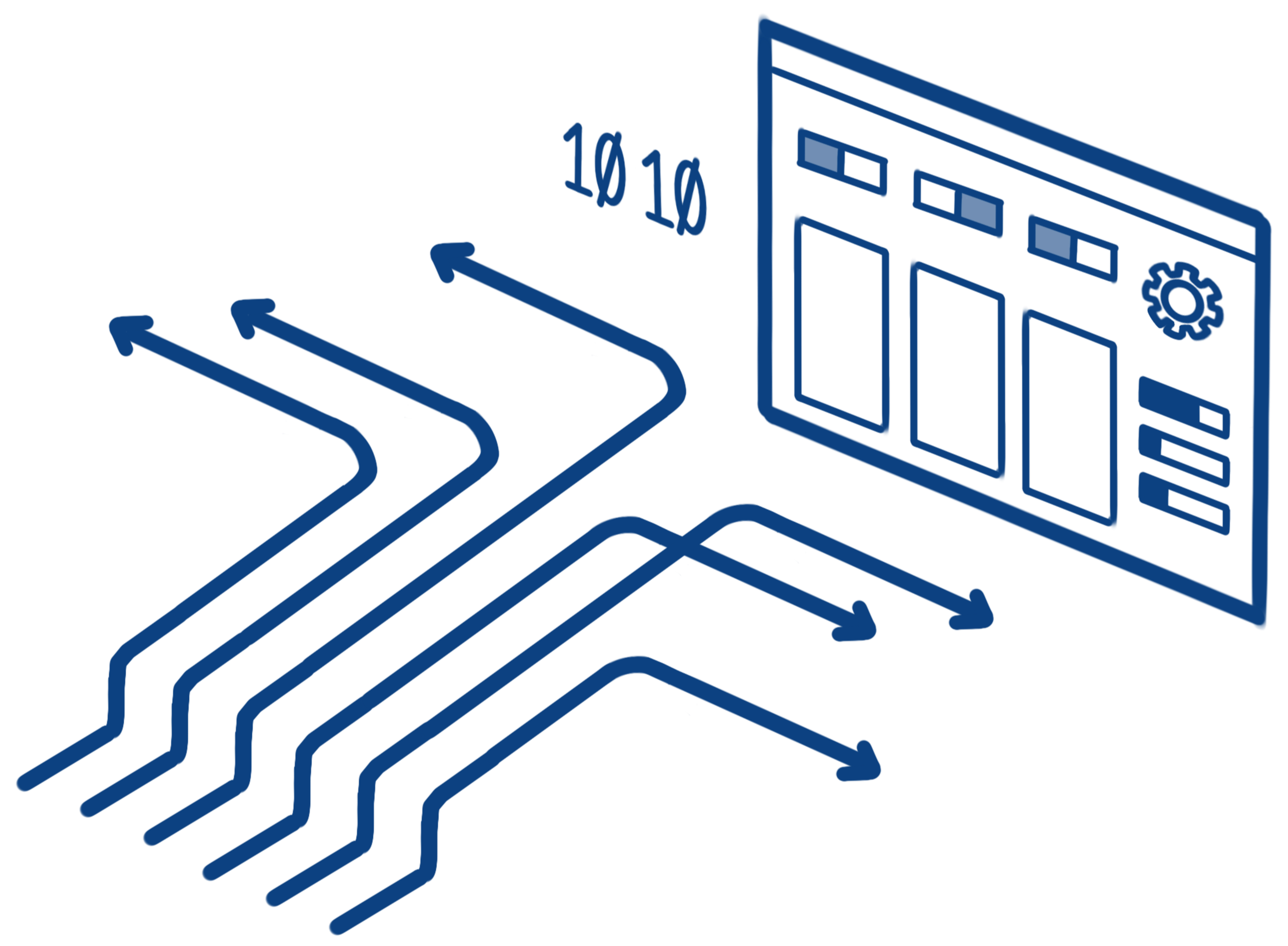 Digital illustration of a PCB board with circuit traces, components, and binary code with ones and zeros.