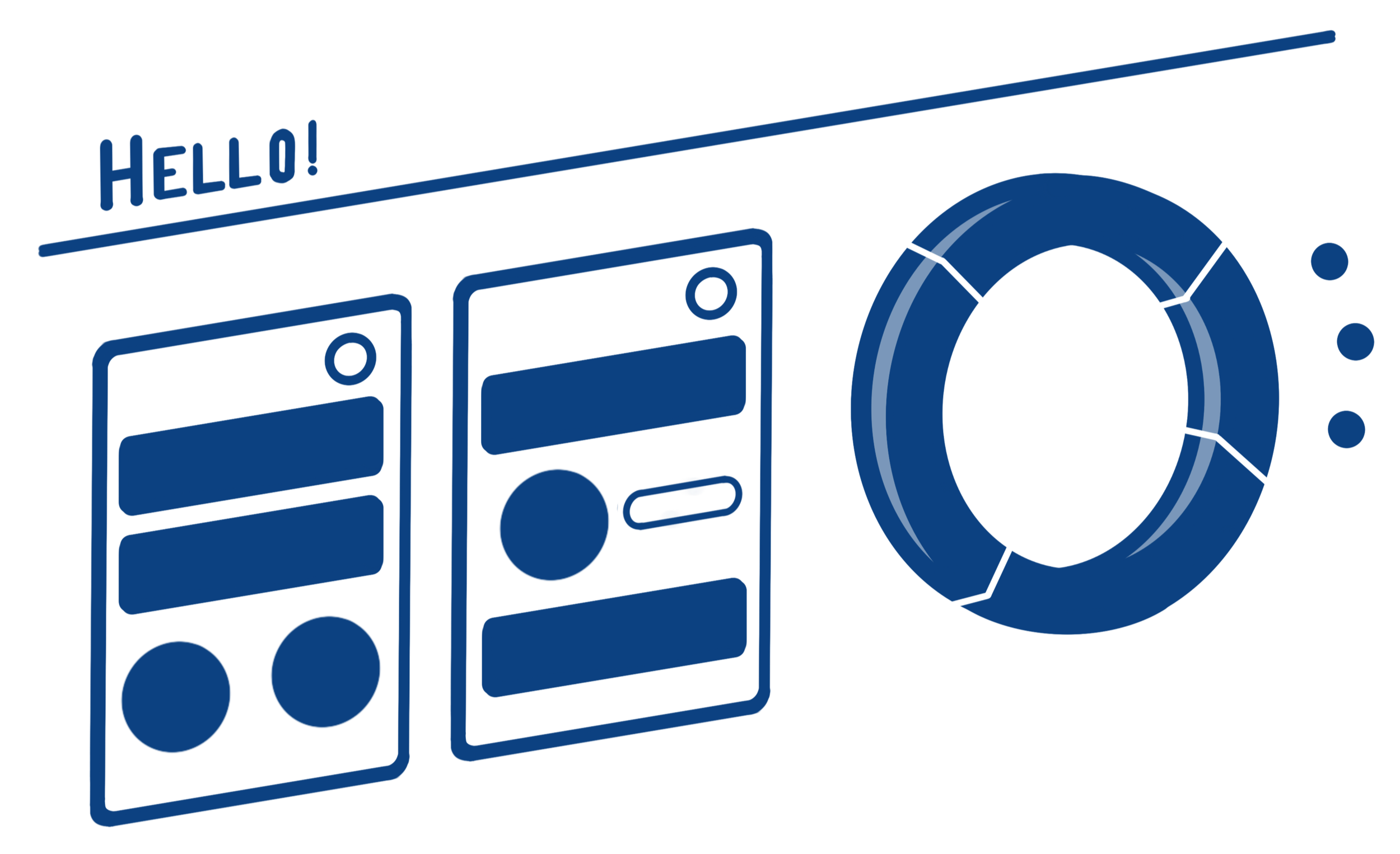 A blue line illustration of a business dashboard with a graph and forms.