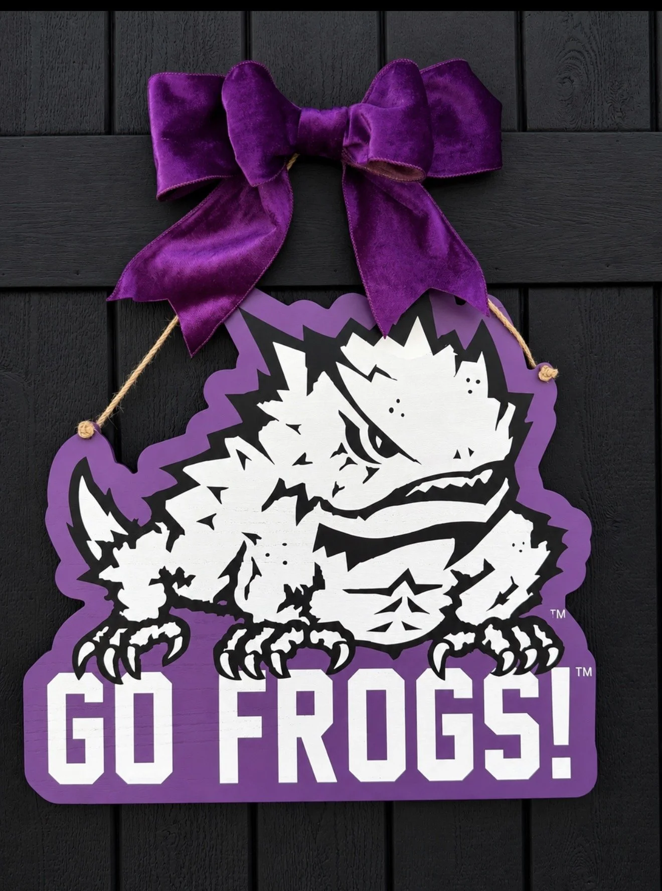 TCU Wood Door Sign 19.5” tall x 20.5” Wide. Purple Velvet Bow