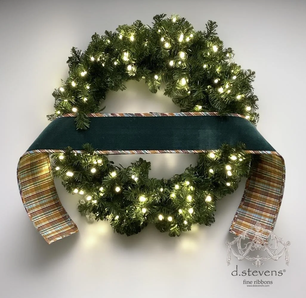 Lush velvet banner with  plaid edging. Ready to monogram! We offer coordinating ribbon to this banner.