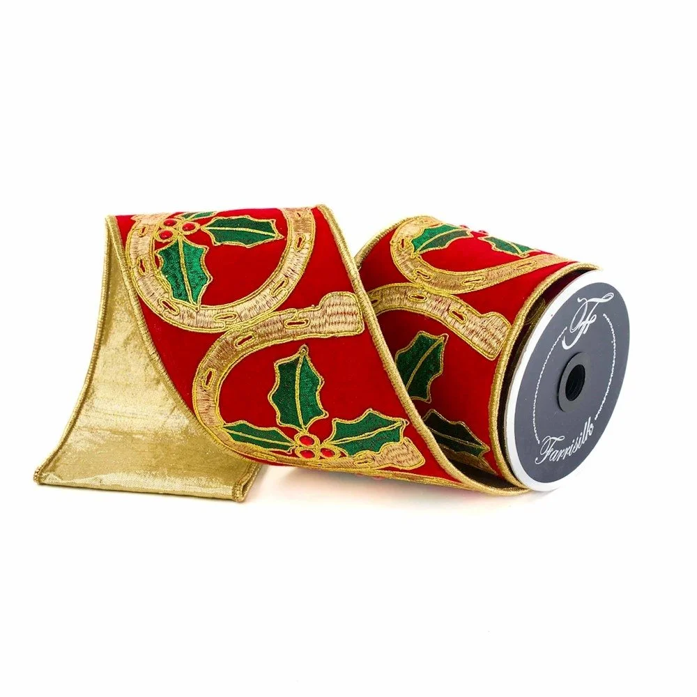 Red and Emerald Horshoe Holly 4”x 5YD Farrisilk Ribbon