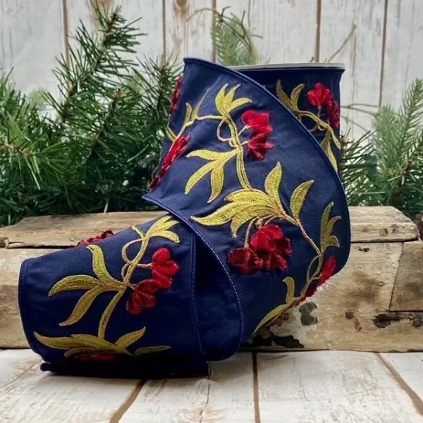 When you want to be noticed! Navy  Dupion Ribbon With Embroidered Flowers. 4” x 5 YD