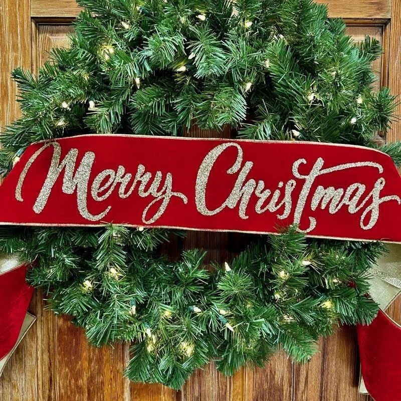 Red velvet Christmas Banner with Merry Christmas in Gold. Celebrate the Season!