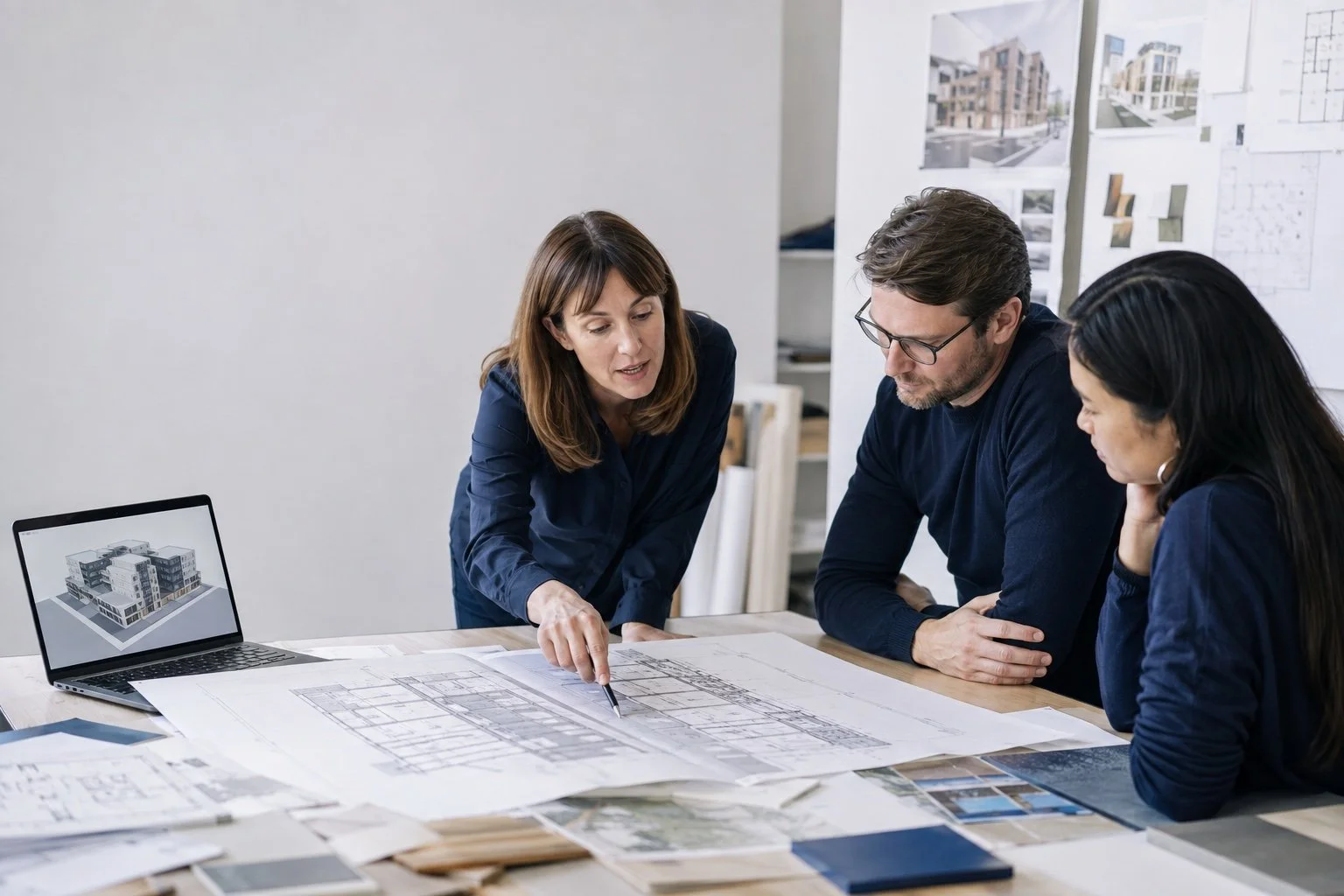 Project team reviewing building plans together at a table