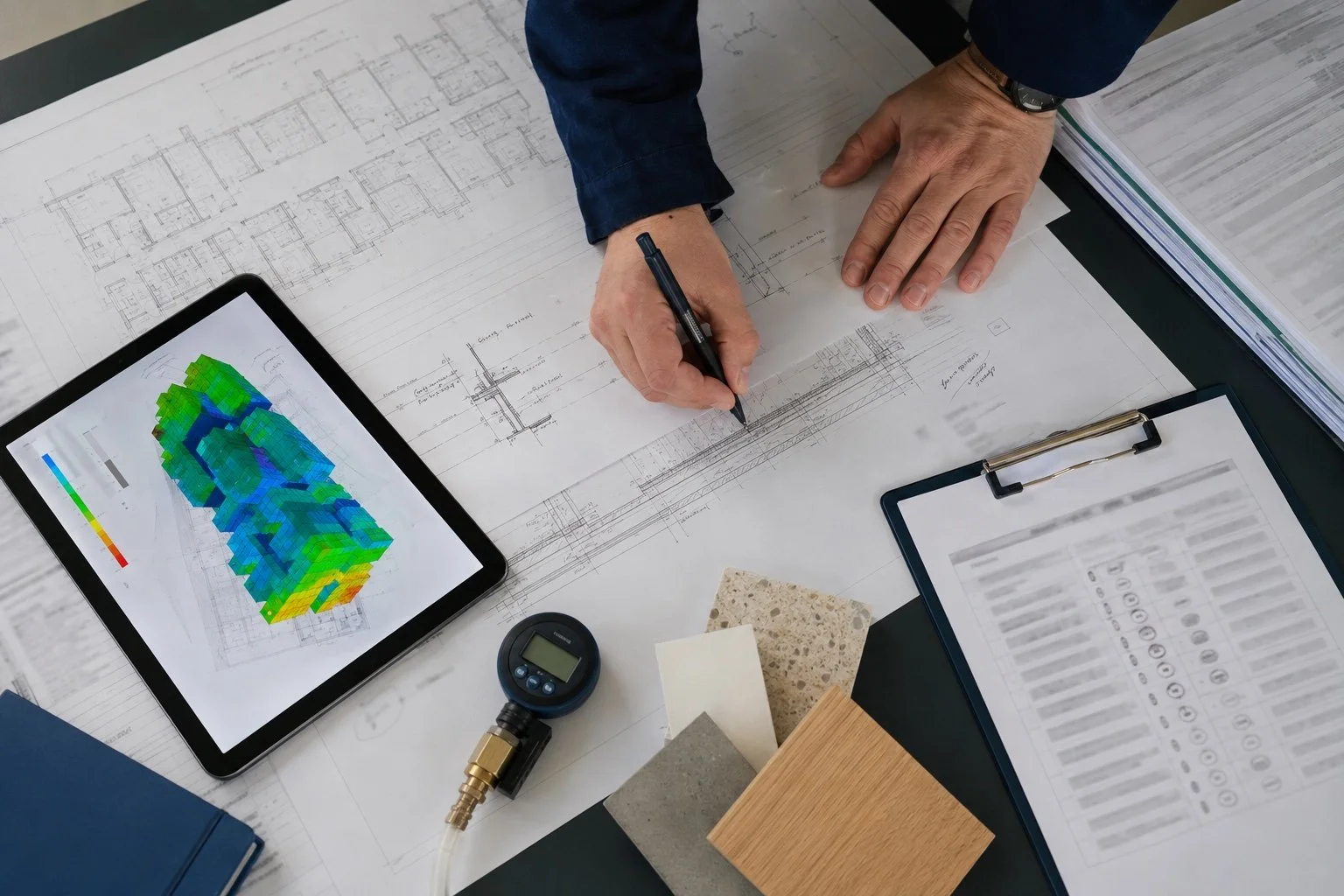 Building plans and an energy assessment being reviewed at a worktable