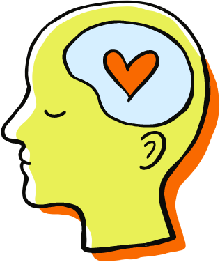 Stylized illustration of a human head in profile with a heart inside the brain area.