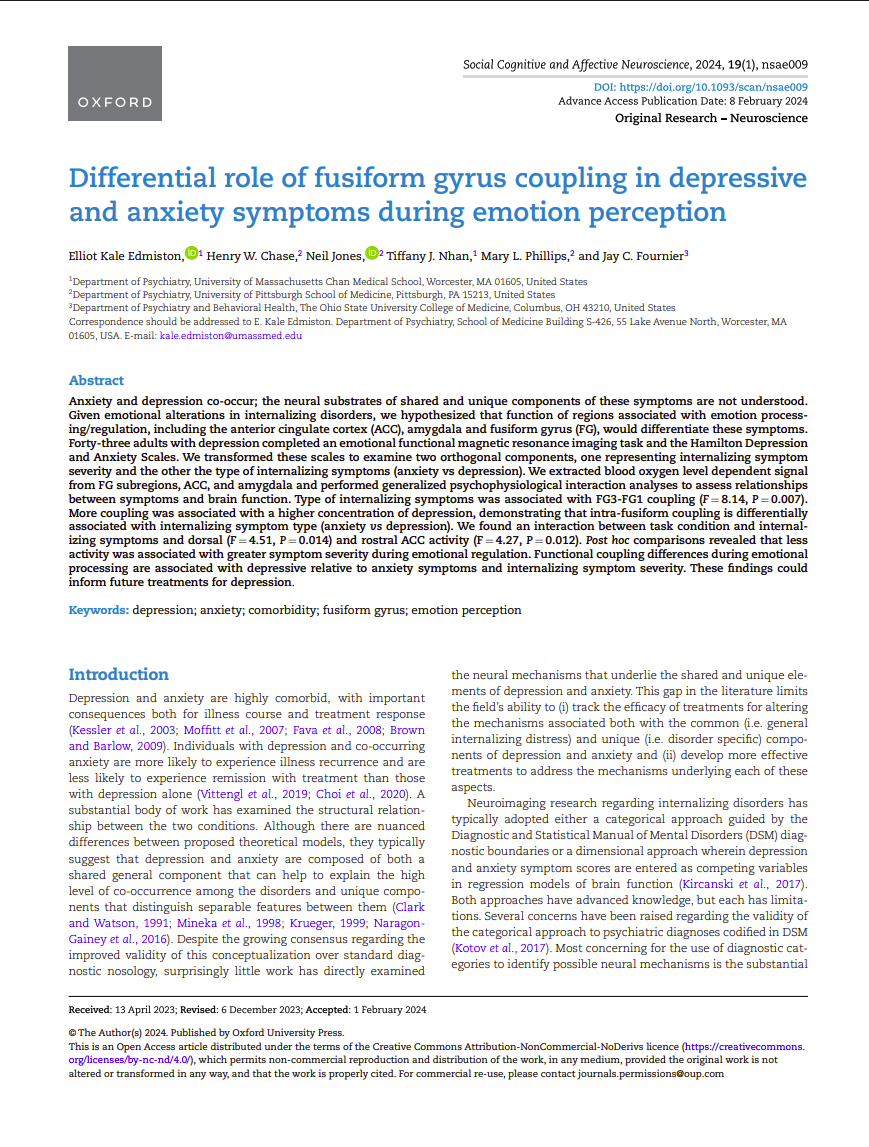 Differential role of fusiform gyrus coupling in depressive and anxiety symptoms during emotion perception.